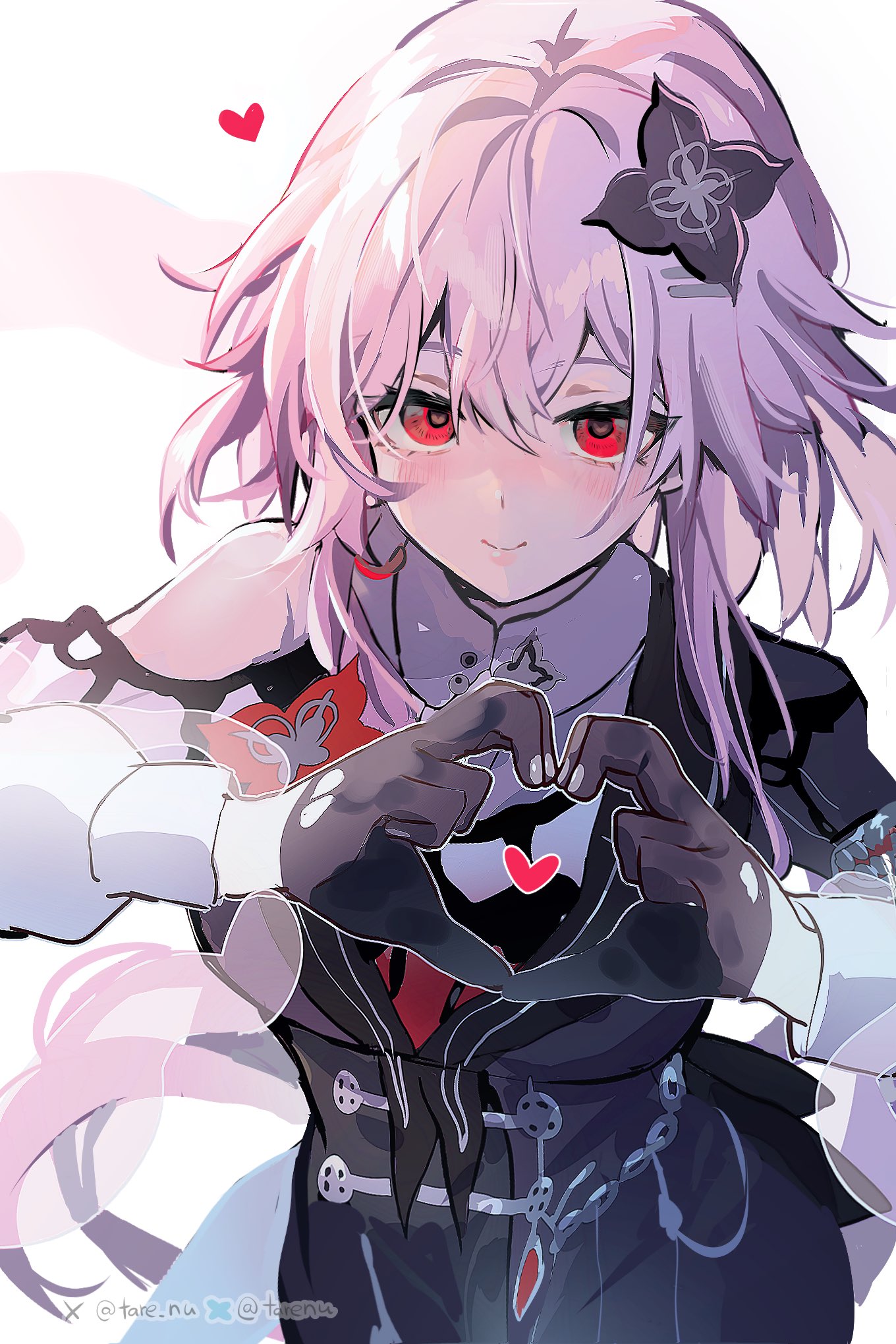tare (tonikaku magaru), evernight (honkai: star rail), march 7th (honkai: star rail), honkai: star rail, honkai (series), hashtag-only commentary, highres, 1girl, black dress, black gloves, blush, dress, flower, four-finger heart hands, gloves, hair flower, hair ornament, heart, heart hands, long hair, looking at viewer, pink hair, simple background, smile, solo, twitter username, very long hair, white background