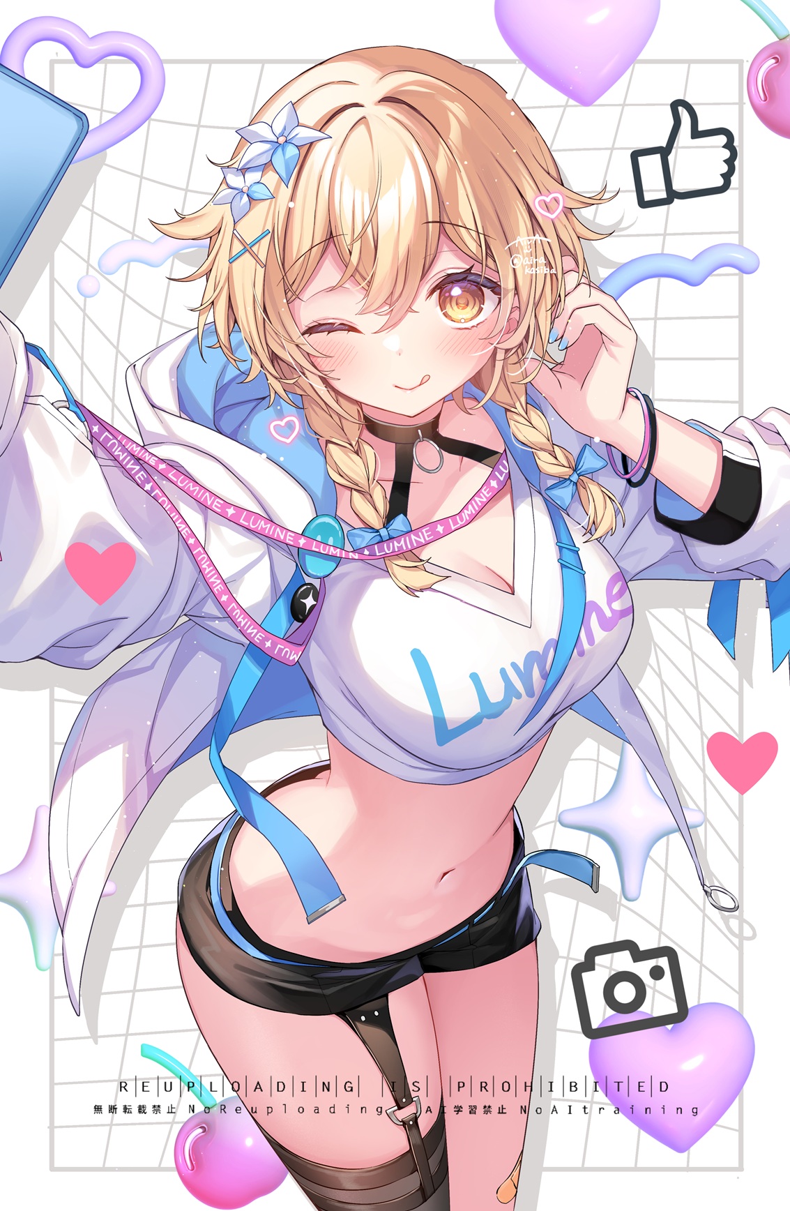 kashiba aira, alraune, lumine (genshin impact), genshin impact, commentary request, highres, 1girl, ;q, black thighhighs, blonde hair, blue nails, blush, breasts, character name, cleavage, closed mouth, crop top, fingernails, flower, hair between eyes, hair flower, hair ornament, hands up, heart, hood, hoodie, looking at viewer, medium breasts, monster girl, nail polish, navel, one eye closed, plant girl, short hair with long locks, single thighhigh, solo, stomach, thighhighs, thumbs up, tongue, tongue out, white flower, white hoodie