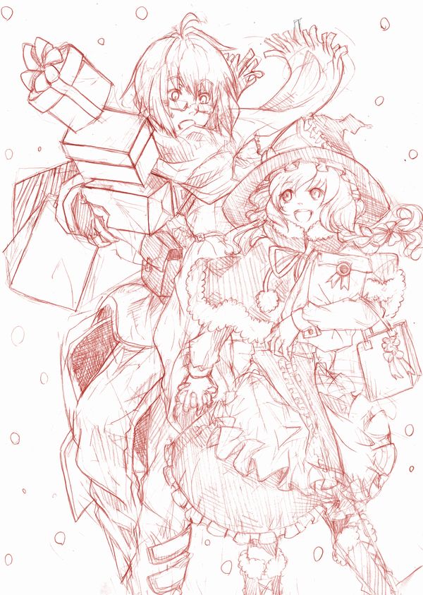 fuji warabi, kirisame marisa, morichika rinnosuke, curiosities of lotus asia, touhou, traditional media, 1boy, 1girl, adapted costume, couple, hetero, holding hands, interlocked fingers, monochrome, red theme, sketch, smile, snow