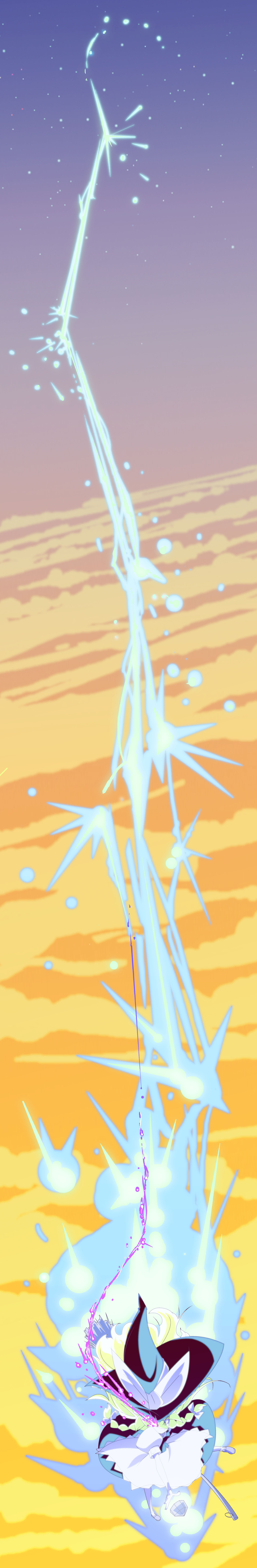 shokkin, kirisame marisa, touhou, absurdres, highres, long image, tall image, 1girl, female focus, hat, mini-hakkero, outdoors, sky, solo