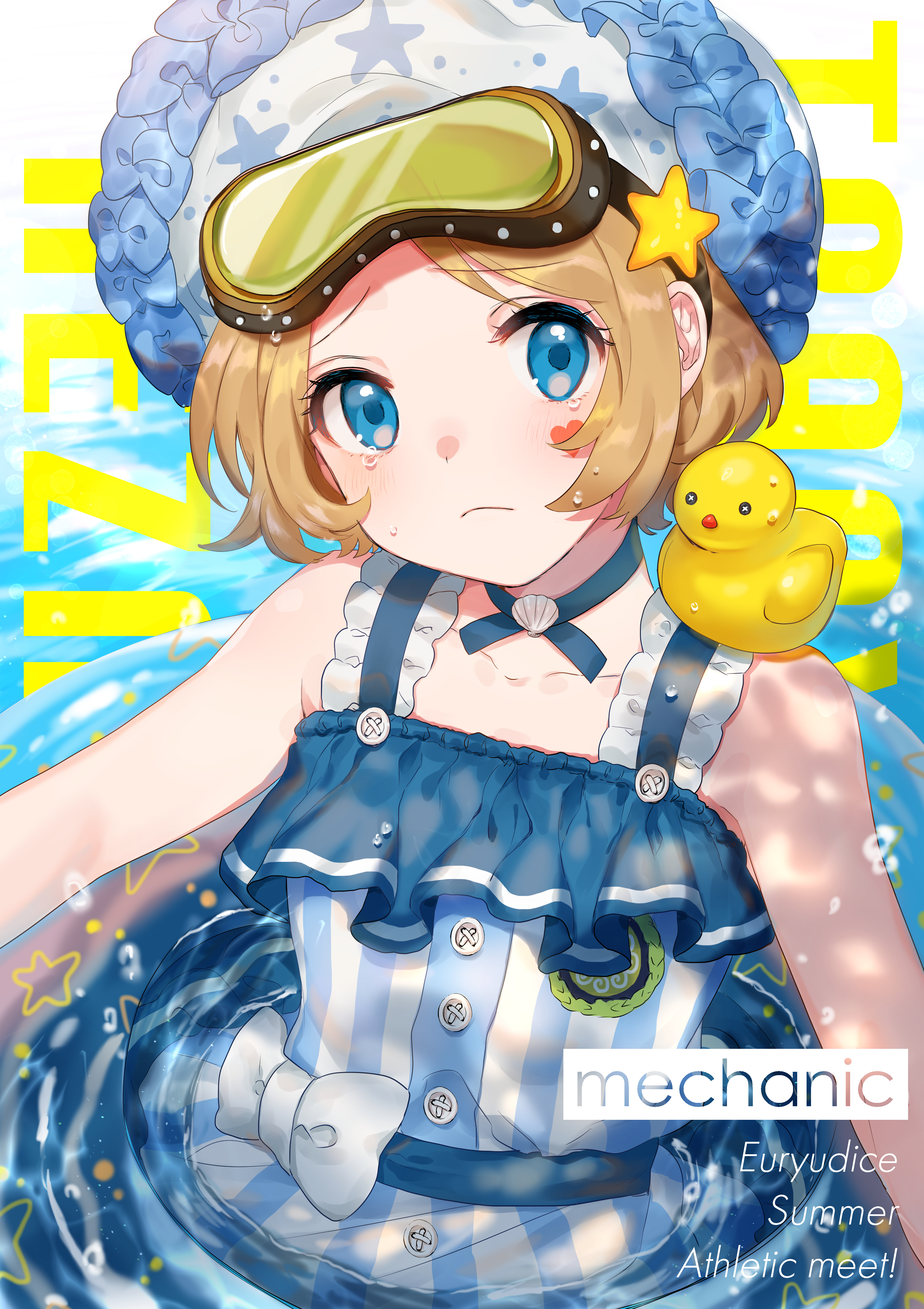 canarinu, tracy reznik, tracy reznik (re-swim), identity v, absurdres, highres, 1girl, :<, blonde hair, blue choker, blue eyes, blue ribbon, bow, character name, choker, collarbone, frilled straps, frown, goggles, goggles on head, light blush, looking at viewer, old school swimsuit, ribbon, rubber duck, school swimsuit, shell, short hair, swimsuit, tearing up, water, white bow