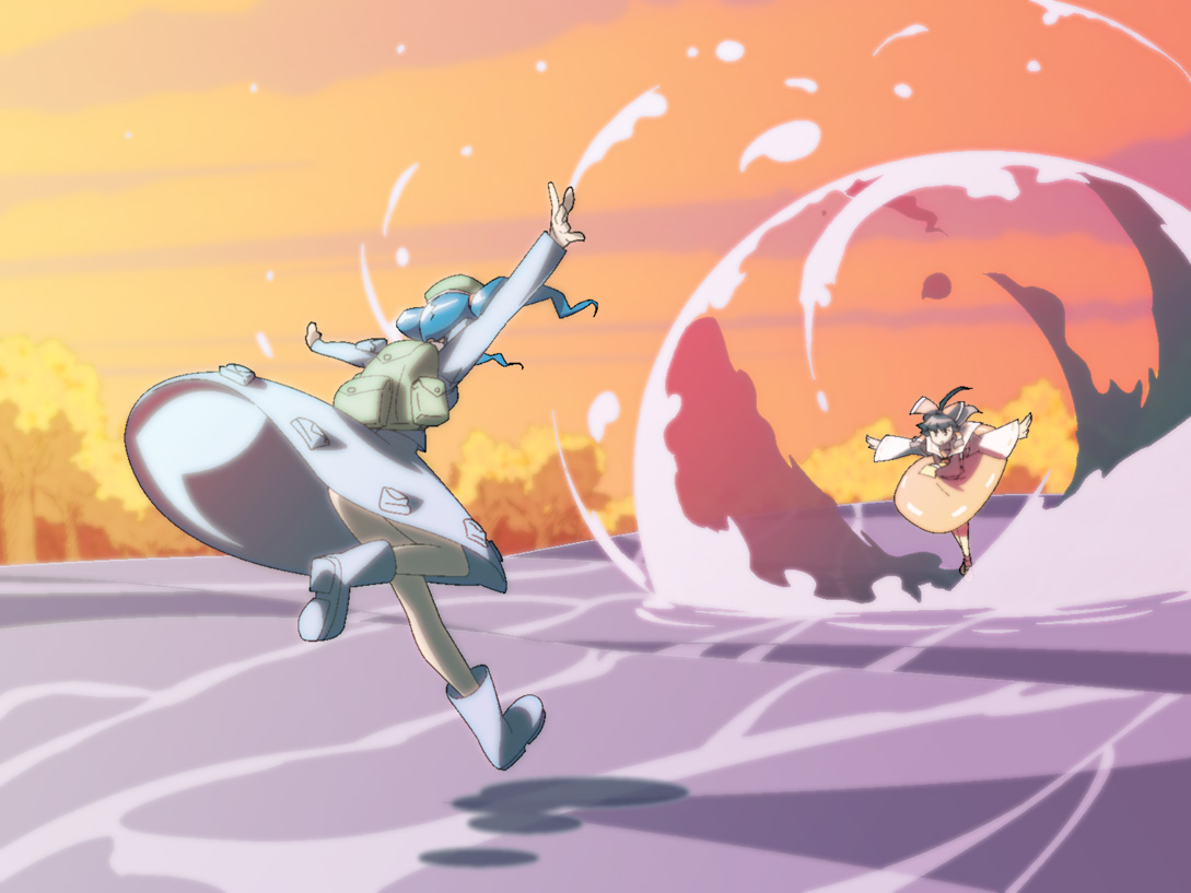 shokkin, hakurei reimu, kawashiro nitori, touhou, 2girls, battle, blue dress, blue hair, brown hair, detached sleeves, dress, female focus, flying, lake, long sleeves, multiple girls, orange sky, outdoors, outstretched arms, short hair, sky, splashing, sunset, twintails, two side up, water