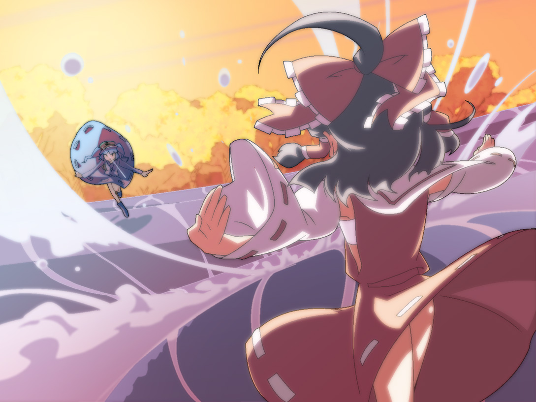 shokkin, hakurei reimu, kawashiro nitori, touhou, 2girls, battle, blue dress, blue hair, brown hair, detached sleeves, dress, female focus, flying, lake, long sleeves, multiple girls, orange sky, outdoors, outstretched arms, short hair, sky, splashing, sunset, twintails, two side up, water