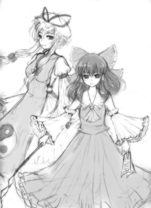 miyoshi, hakurei reimu, yakumo yukari, touhou, 2girls, bow, breasts, detached sleeves, dress, female focus, greyscale, hair bow, hat, holding, long hair, looking at viewer, monochrome, multiple girls, sidelocks, wide sleeves
