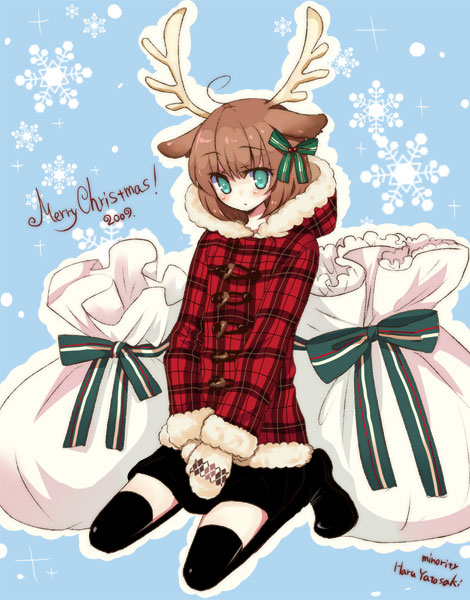 yatosaki haru, original, animal ears, antlers, blue eyes, brown hair, christmas, deer ears, deergirl, flat chest, horns, solo, thighhighs
