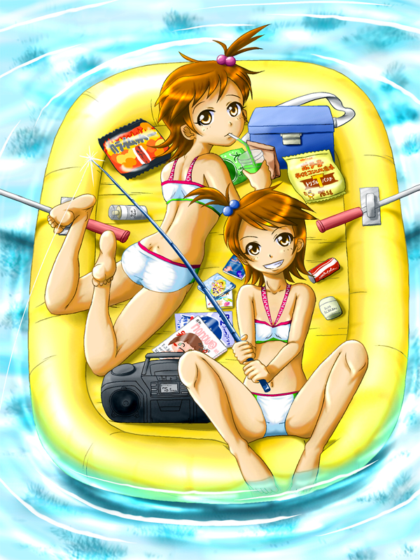 k tamagawa, futami ami, futami mami, nonowa, idolmaster, idolmaster (classic), idolmaster 1, 00s, 2girls, ass, bikini, boombox, breasts, butt crack, fishing, inflatable raft, magazine (object), multiple girls, siblings, sisters, swimsuit, twins