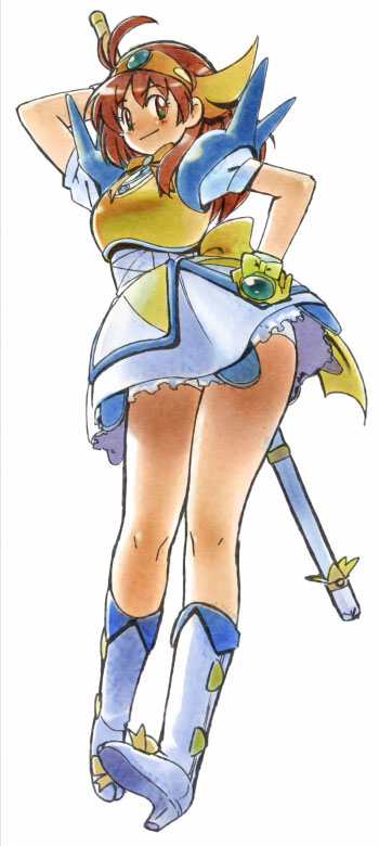 ramb chop, tsurugino mai, makeruna! makendo, 1girl, ahoge, armor, armored dress, blush, boots, bow, brown hair, dress, female focus, full body, gloves, green eyes, hand on own hip, looking back, short hair, skirt, smile, solo, standing, white background, yellow bow