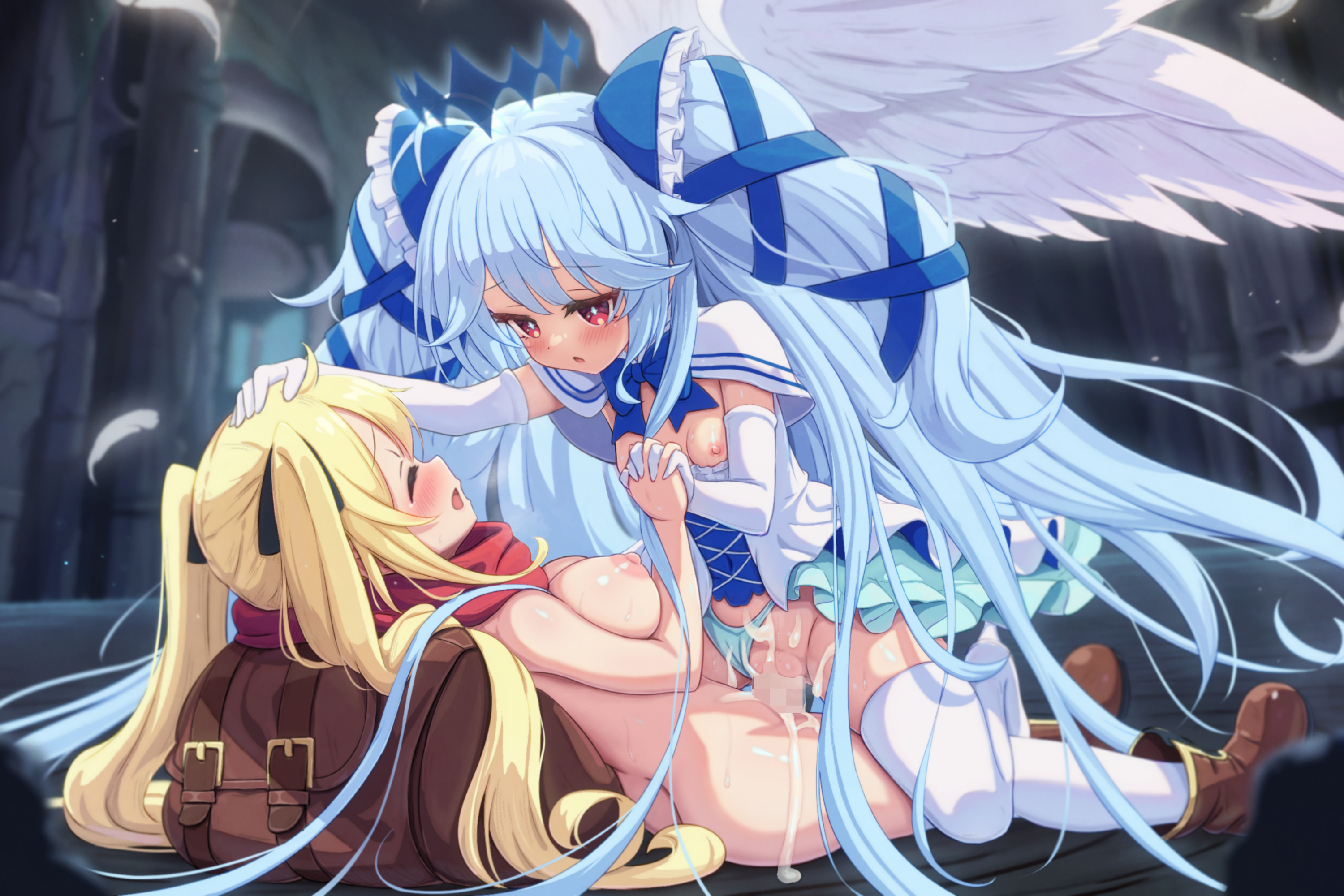 zusshii (libertasgenesis), original, commission, highres, large variant set, psd available, variant set, 2girls, angel wings, backpack, bag, blonde hair, blue hair, blue halo, blue panties, boots, breasts, brown bag, brown boots, censored, closed eyes, clothing aside, covered navel, cowgirl position, cum, cum in pussy, cum overflow, dress, elbow gloves, feathered wings, futa with female, futanari, girl on top, gloves, halo, hands on another's head, holding hands, interlocked fingers, large breasts, long hair, lying, mosaic censoring, multiple girls, nipples, on back, open mouth, panties, panties aside, penis, pussy, red eyes, red scarf, ribbon, scarf, sex, small breasts, straddling, thighhighs, twintails, underwear, vaginal, very long hair, white dress, white gloves, white thighhighs, white wings, wings