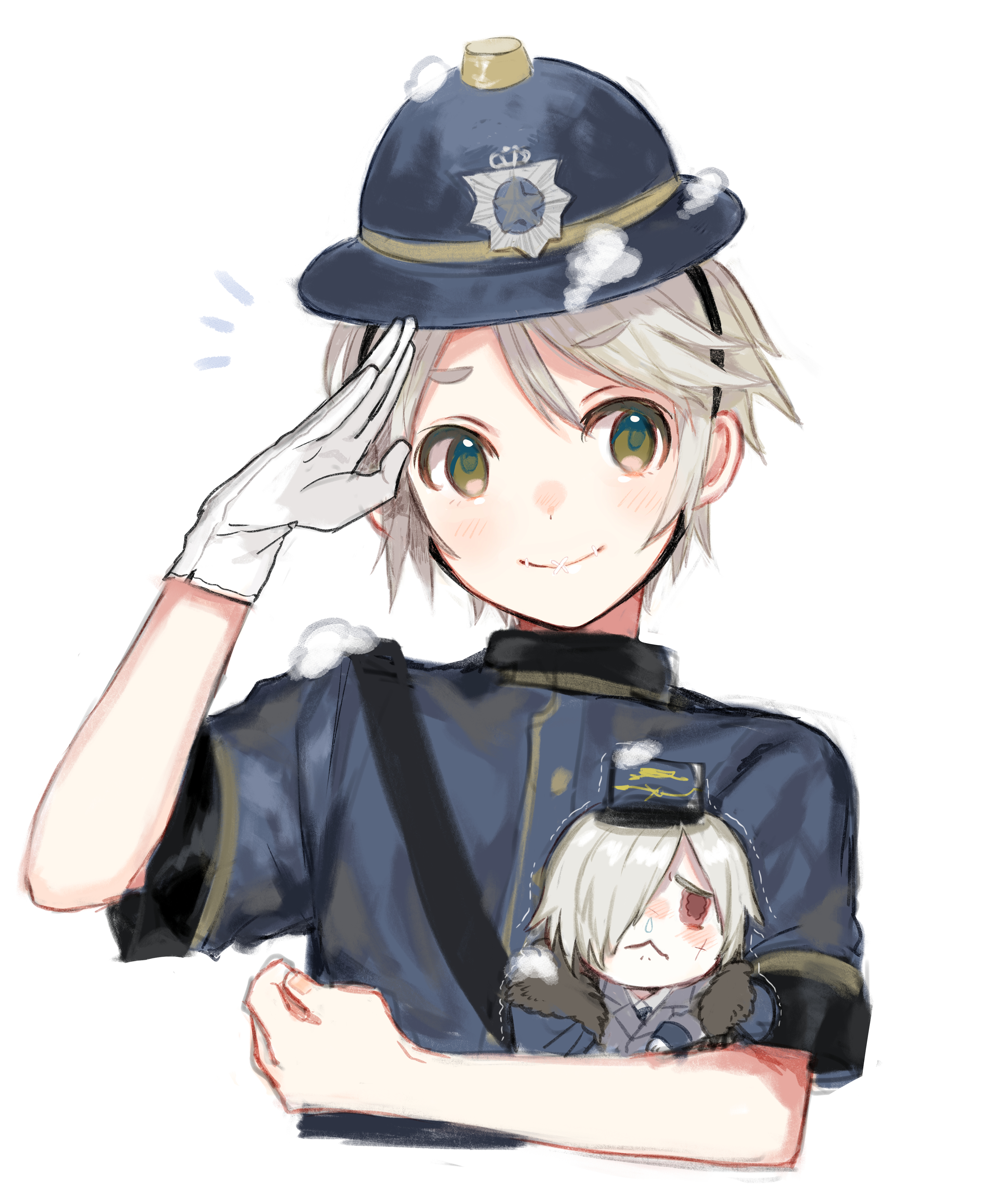 canarinu, andrew kreiss, andrew kreiss (train conductor), victor grantz, victor grantz (sheriff), identity v, absurdres, highres, 1boy, :<, blonde hair, blue jacket, blush, chibi, gloves, green eyes, jacket, looking to the side, male focus, police, salute, short-sleeved jacket, short sleeves, single glove, smile, snot, stitched mouth, stitches, white gloves