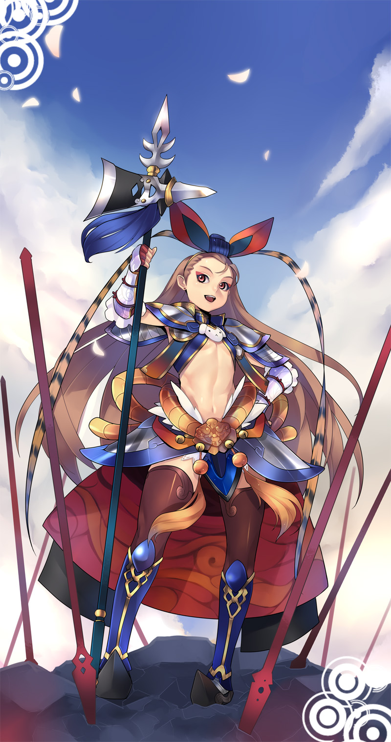 ban! (bansankan), lu bu (shin sangoku musou), minase iori, idolmaster, idolmaster (classic), idolmaster 1, shin sangoku musou, bad id, bad pixiv id, gender request, highres, 00s, 1girl, armor, brown hair, female focus, genderswap, halberd, headdress, long hair, midriff, navel, planted, planted polearm, polearm, solo, spear, weapon