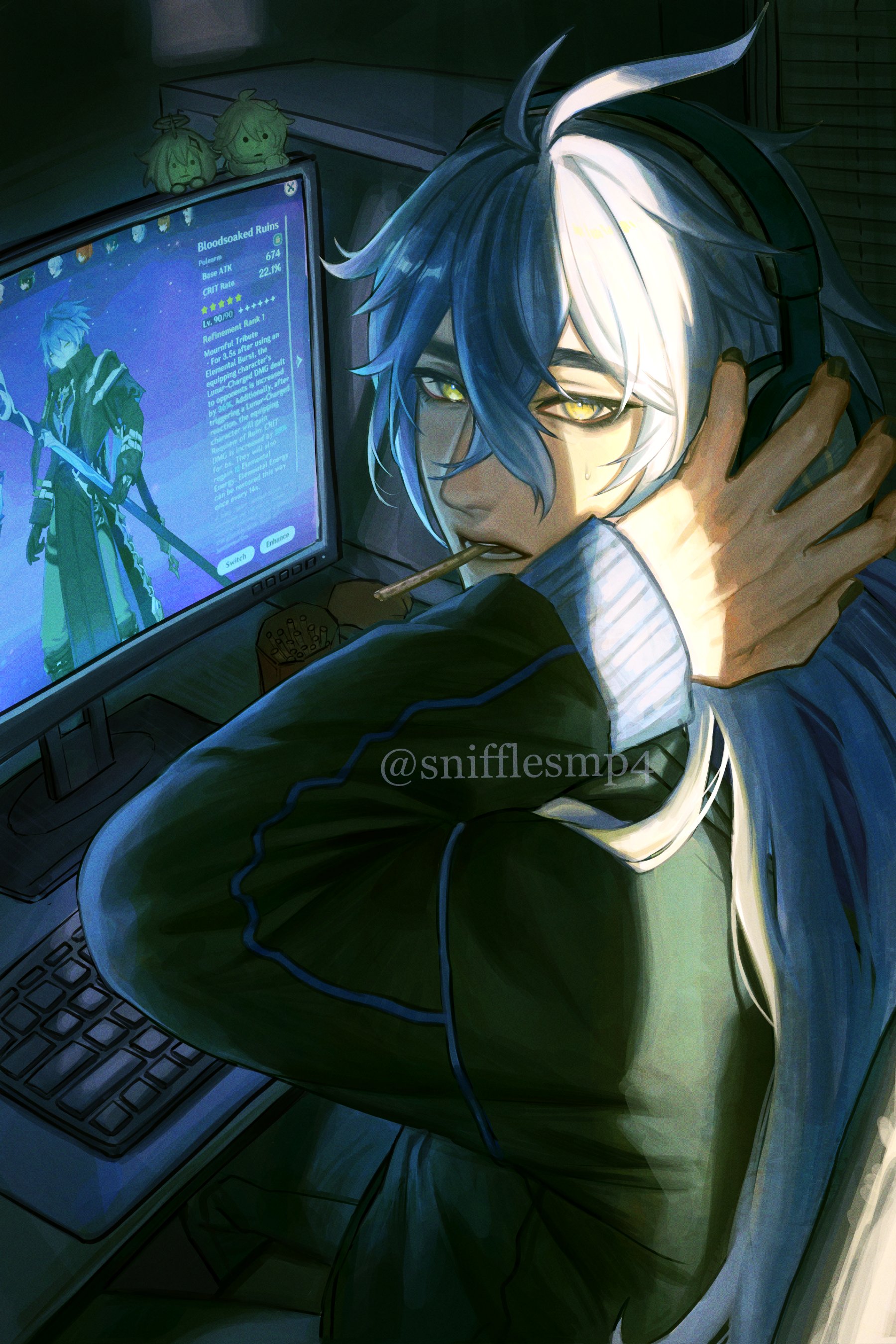 snifflesmp4, flins (genshin impact), genshin impact, absurdres, commentary, english commentary, highres, 1boy, antenna hair, arm up, black shirt, blue hair, computer, computer keyboard, contemporary, crossed bangs, dark room, denim, double-parted bangs, food, food in mouth, hand on own head, headphones, jeans, long hair, long sleeves, looking at viewer, male focus, monitor, on computer, pants, shirt, sitting, solo, twitter username, very long hair, yellow eyes