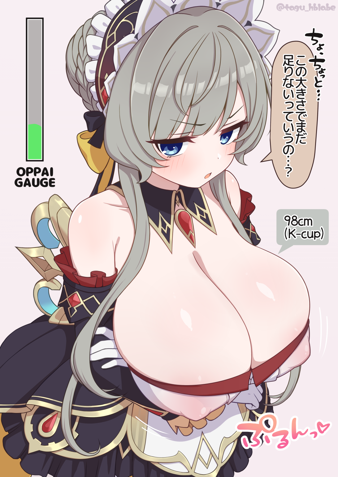 tagu c0032, sandrone (genshin impact), genshin impact, 1girl, annoyed, arms under breasts, bare shoulders, black dress, black sleeves, blue eyes, bow, braid, braided bun, breasts, cleavage, collarbone, covered erect nipples, detached collar, detached sleeves, dress, frilled sleeves, frills, gloves, grey hair, hair bow, hair bun, half-closed eyes, hand on own arm, headdress, huge breasts, jitome, light blush, long hair, looking at viewer, measurements, open mouth, simple background, single hair bun, speech bubble, strapless, strapless dress, twitter username, v-shaped eyebrows, white gloves