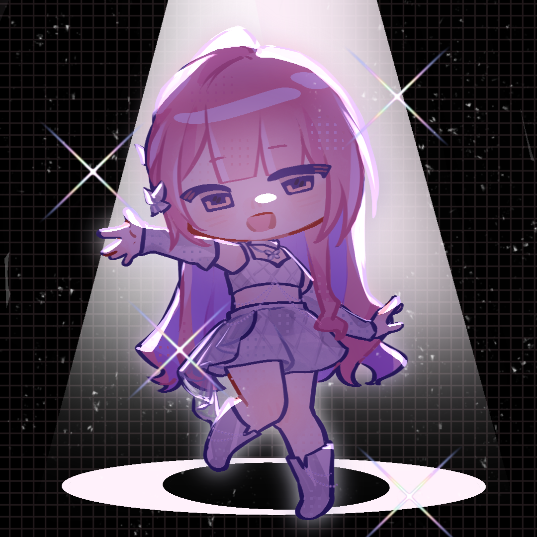 nikki (nikki), nikki (series), chinese commentary, commentary request, 1girl, argyle clothes, argyle skirt, argyle tank top, bare shoulders, black background, bloom up (nikki), blunt bangs, boots, braid, brown eyes, butterfly hair ornament, butterfly necklace, chibi, choker, colored inner hair, crop top, grid background, hair ornament, halftone, happy, haroi, idol, knee boots, layered skirt, light blush, light particles, long hair, midriff, miniskirt, multicolored hair, open mouth, pink hair, pleated skirt, purple hair, shadow, side braid, single braid, single sidelock, skirt, skirt set, smile, solo, sparkle, spotlight, standing, tank top, two-tone hair, very long hair, white arm warmers, white boots, white choker, white skirt, white tank top