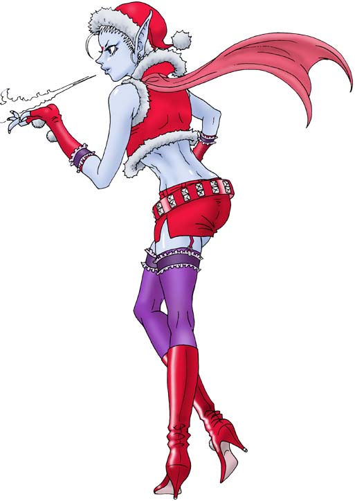 shuninshunin, shiva (final fantasy), final fantasy, 1girl, belt, blue skin, boots, breath, christmas, colored skin, female focus, gloves, hat, high heel boots, high heels, miniskirt, pointy ears, red gloves, santa costume, santa hat, scarf, skirt, solo, thighhighs, white hair