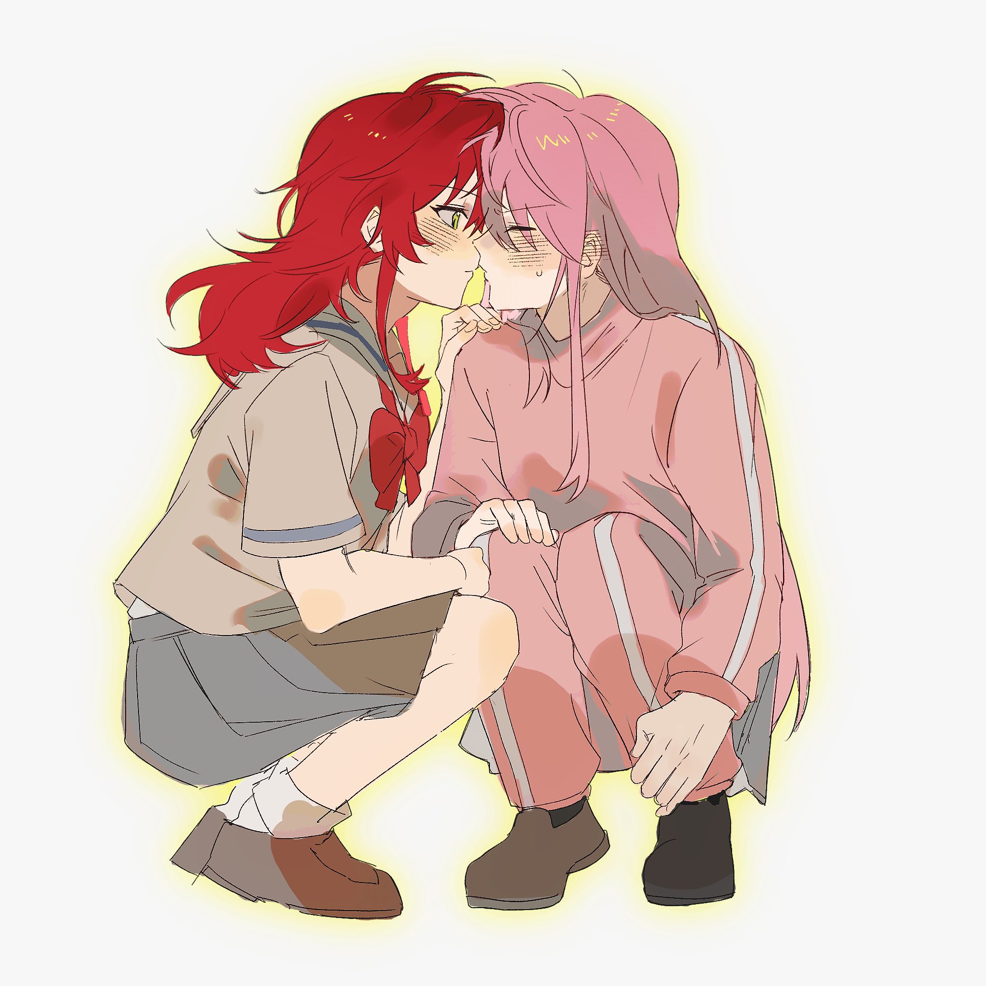 lingyi, gotoh hitori, kita ikuyo, bocchi the rock!, highres, 2girls, blush, bow, bowtie, closed eyes, forehead-to-forehead, green eyes, hair between eyes, heads together, imminent kiss, jacket, long hair, long sleeves, multiple girls, pants, pink hair, pink jacket, red bow, red bowtie, red hair, school uniform, shoes, shuka high school uniform, simple background, skirt, squatting, track jacket, track pants, white background, yuri