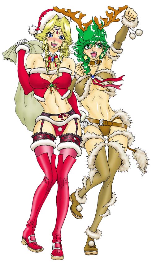 shuninshunin, rosa farrell, rydia (adult) (ff4), rydia (ff4), final fantasy, final fantasy iv, frilled legwear, 1990s (style), 2girls, aged up, animal costume, antlers, arms up, bag, belt, blonde hair, boots, breasts, choker, christmas, circlet, cleavage, clenched hand, clenched hands, collar, detached collar, detached sleeves, drill hair, elbow gloves, frills, garter belt, gloves, green hair, hand on own hip, hat, hip focus, horns, lingerie, long hair, midriff, multiple girls, o/, outstretched arms, panties, raised fist, reindeer costume, retro artstyle, sack, santa costume, santa hat, simple background, tail, thigh boots, thighhighs, tiara, underboob, underwear, wing collar