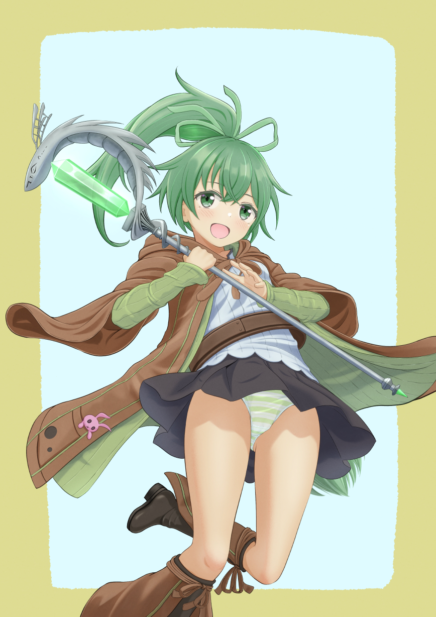 tanakaminos, wynn (yu-gi-oh!), wynn the wind charmer, yu-gi-oh!, commentary request, highres, 1girl, black skirt, blush, boots, border, brown coat, coat, crotch seam, foot out of frame, green coat, green eyes, green hair, green ribbon, hair ribbon, holding, holding staff, long hair, long sleeves, miniskirt, open mouth, outside border, panties, pantyshot, pleated skirt, ponytail, ribbon, shirt, simple background, skirt, smile, solo, staff, striped clothes, striped panties, underwear, white background, white shirt, yellow border