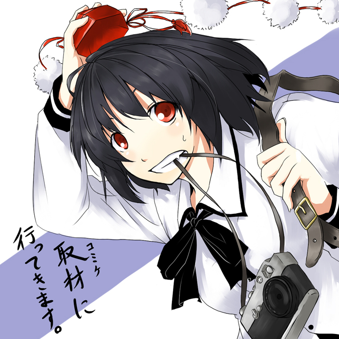 kinsenka, shameimaru aya, touhou, bad id, bad pixiv id, 1girl, camera, female focus, hat, mouth hold, solo, upper body, white background