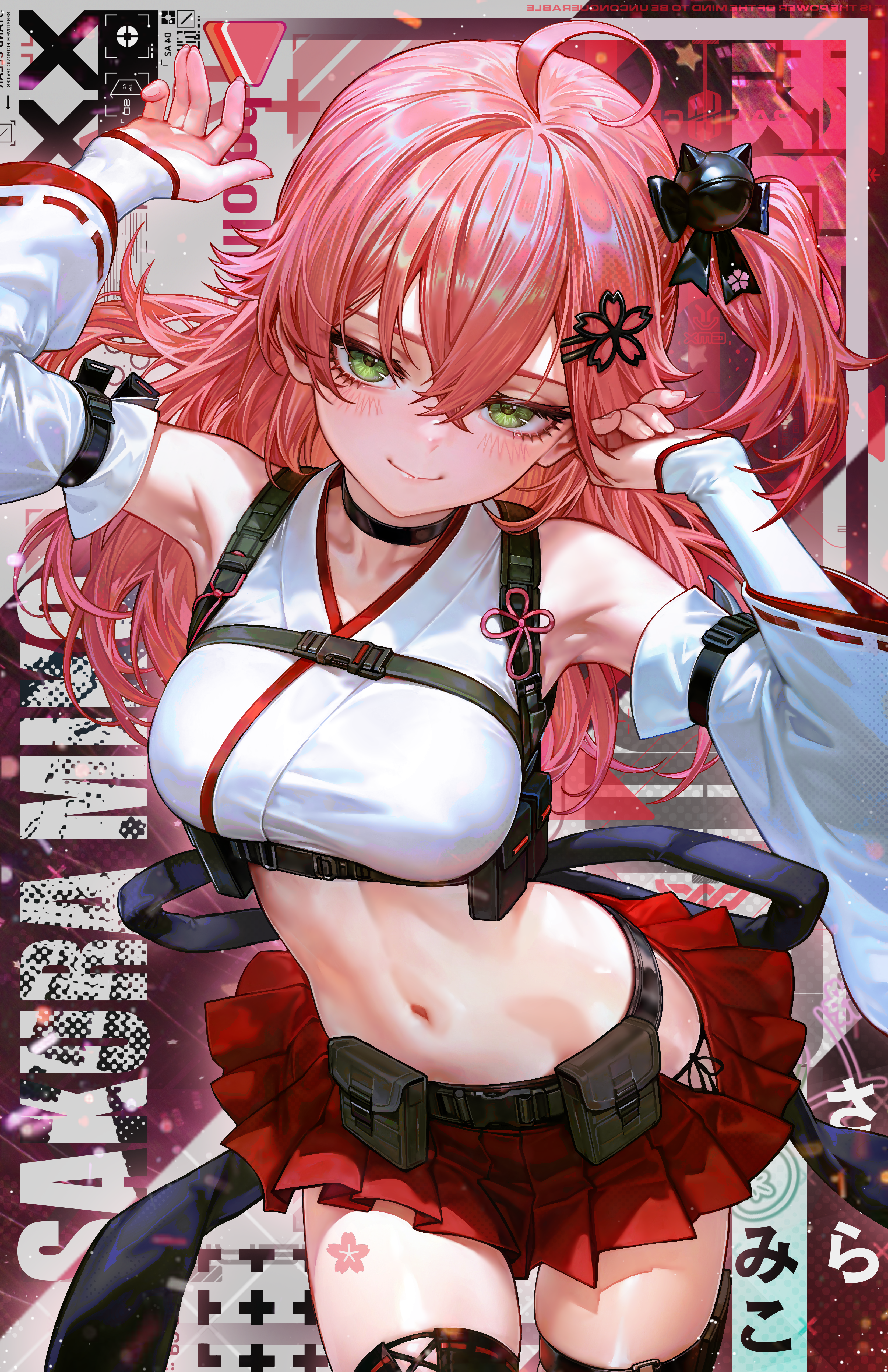 nekodayo22, sakura miko, hololive, absurdres, commentary request, highres, 1girl, ahoge, alternate costume, armpits, belt pouch, black choker, black thighhighs, breasts, character name, chest harness, choker, closed mouth, clothing cutout, crop top, detached sleeves, double-parted bangs, green eyes, hair ornament, hairclip, hakama, hakama short skirt, hakama skirt, hands up, harness, hip vent, japanese clothes, kimono, large breasts, long hair, looking at viewer, miniskirt, navel, one side up, panties, panty straps, pink hair, pleated skirt, pouch, red hakama, red skirt, side-tie panties, skirt, smile, solo, stomach, string panties, thighhighs, underwear, virtual youtuber, white kimono, wide sleeves