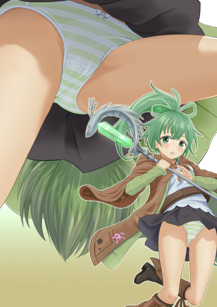 tanakaminos, wynn (yu-gi-oh!), wynn the wind charmer, yu-gi-oh!, commentary request, highres, 1girl, black skirt, blush, boots, bow, bow panties, brown coat, coat, crotch seam, green coat, green eyes, green hair, green ribbon, hair ribbon, holding, holding staff, long hair, long sleeves, miniskirt, mtu virus, multiple views, open mouth, panties, pantyshot, pleated skirt, ponytail, ribbon, shirt, skirt, staff, striped clothes, striped panties, underwear, upskirt, white shirt