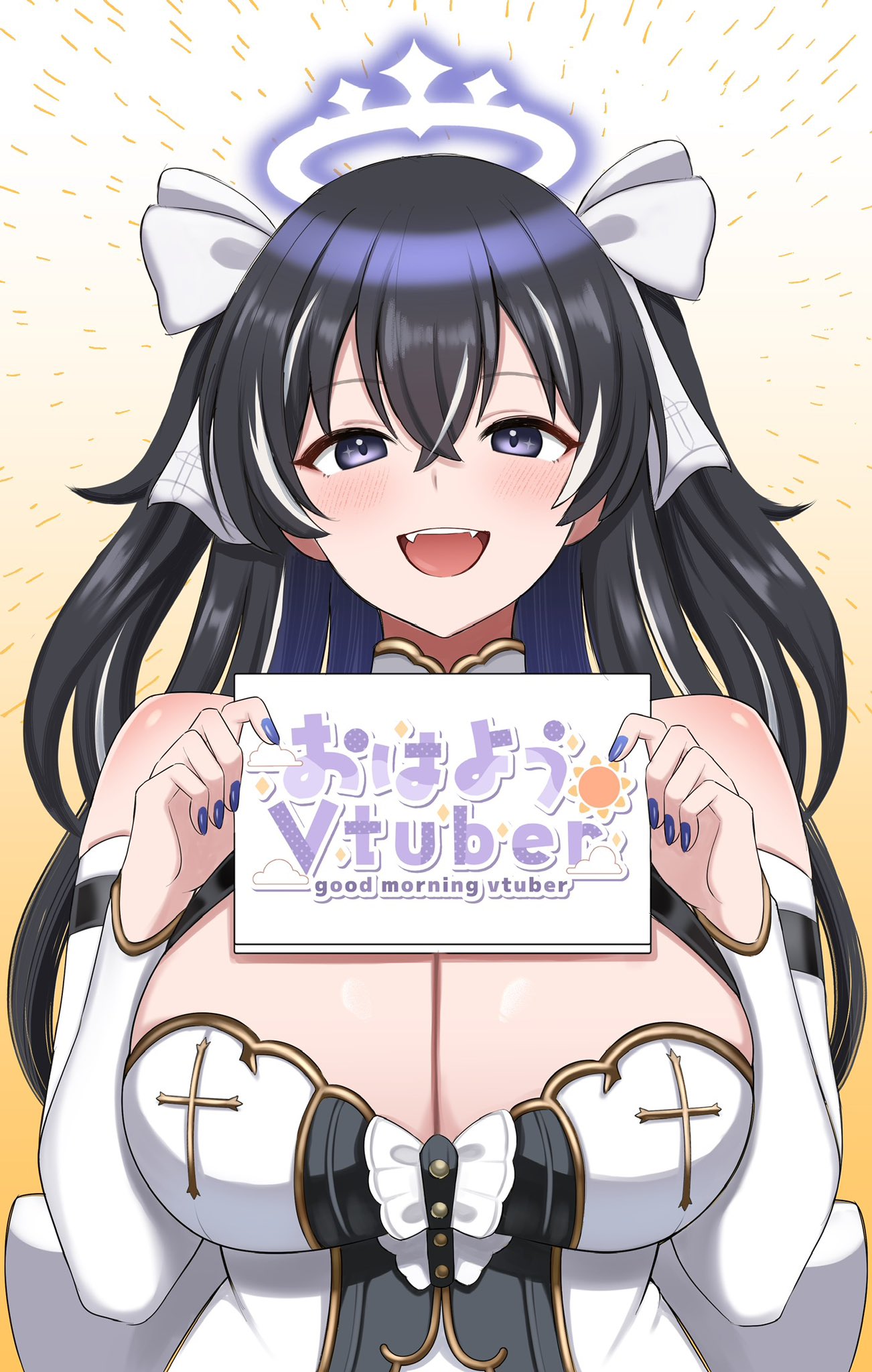 surippa1010, yamigafuchi kaine, indie virtual youtuber, highres, second-party source, 1girl, bare shoulders, black hair, bow, breasts, cleavage, detached sleeves, fangs, gold trim, hair bow, halo, holding, holding sign, large breasts, long hair, long sleeves, looking at viewer, multicolored hair, nail polish, open mouth, purple eyes, shirt, sign, smile, solo, streaked hair, upper body, virtual youtuber, white shirt