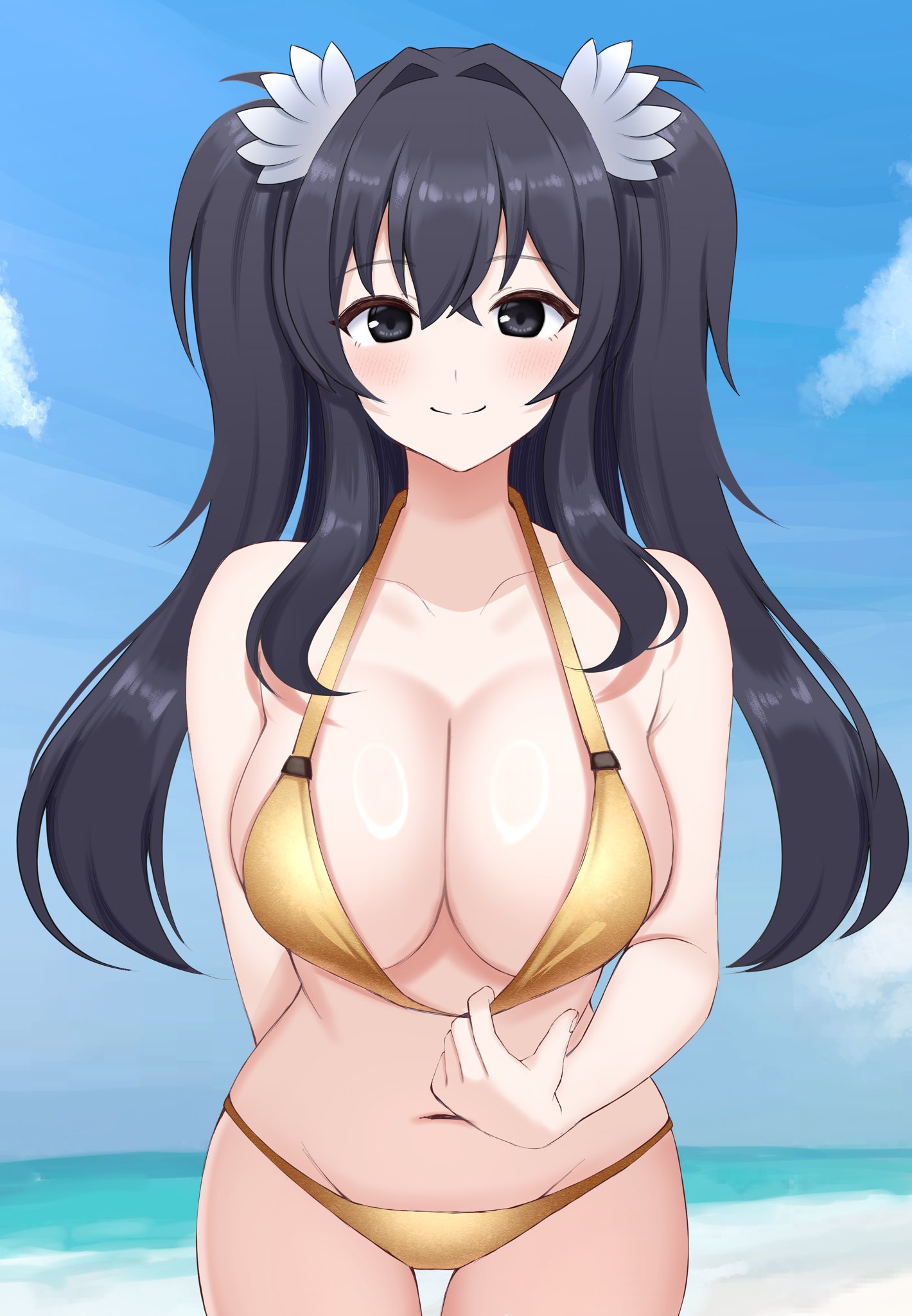 surippa1010, yamigafuchi kaine, indie virtual youtuber, highres, 1girl, bare arms, bare shoulders, bikini, bikini pull, black eyes, black hair, blue sky, breasts, cleavage, closed mouth, clothes pull, collarbone, cowboy shot, gold bikini, hair ornament, halterneck, large breasts, long hair, looking at viewer, navel, outdoors, pulling own clothes, sky, smile, solo, stomach, swimsuit, two side up, virtual youtuber
