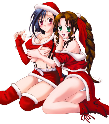 hyoujun mai, aerith gainsborough, tifa lockhart, final fantasy, final fantasy vii, 1990s (style), 2girls, belt, black hair, blue hair, blush, boots, braid, breasts, brown hair, christmas, grabbing another's breast, green eyes, groping, hat, high heel boots, high heels, long hair, miniskirt, multiple girls, panties, pantyshot, pink eyes, ponytail, retro artstyle, ribbon, santa costume, santa hat, skirt, suspender skirt, suspenders, thighhighs, underwear, upskirt, white panties, yuri