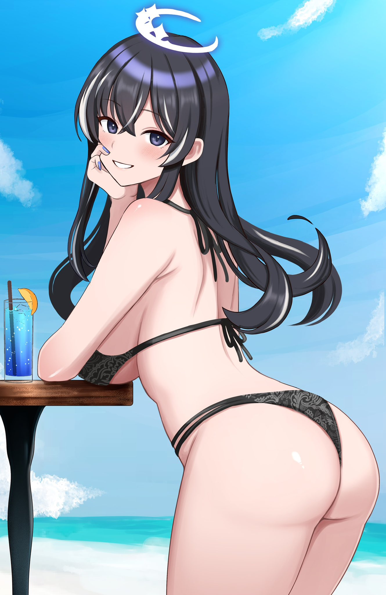 surippa1010, yamigafuchi kaine, indie virtual youtuber, highres, second-party source, 1girl, armpit crease, ass, bare shoulders, bikini, black bikini, black eyes, black hair, blue nails, breasts, cowboy shot, cup, day, drinking glass, drinking straw, grin, halo, halterneck, hand on own cheek, hand on own face, hand up, large breasts, long hair, looking at viewer, multicolored hair, nail polish, outdoors, smile, solo, streaked hair, string bikini, swimsuit, thighs, virtual youtuber