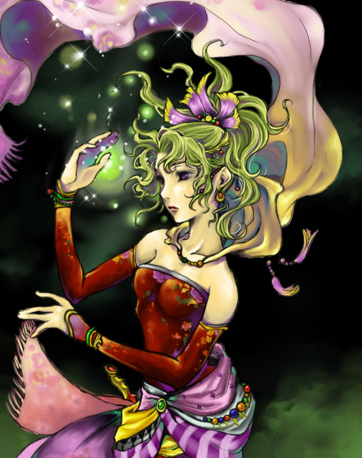 mugiyuzu, tina branford, final fantasy, final fantasy vi, 1990s (style), 1girl, bow, cape, detached sleeves, female focus, green hair, long hair, magic, pink bow, ponytail, purple eyes, retro artstyle, solo