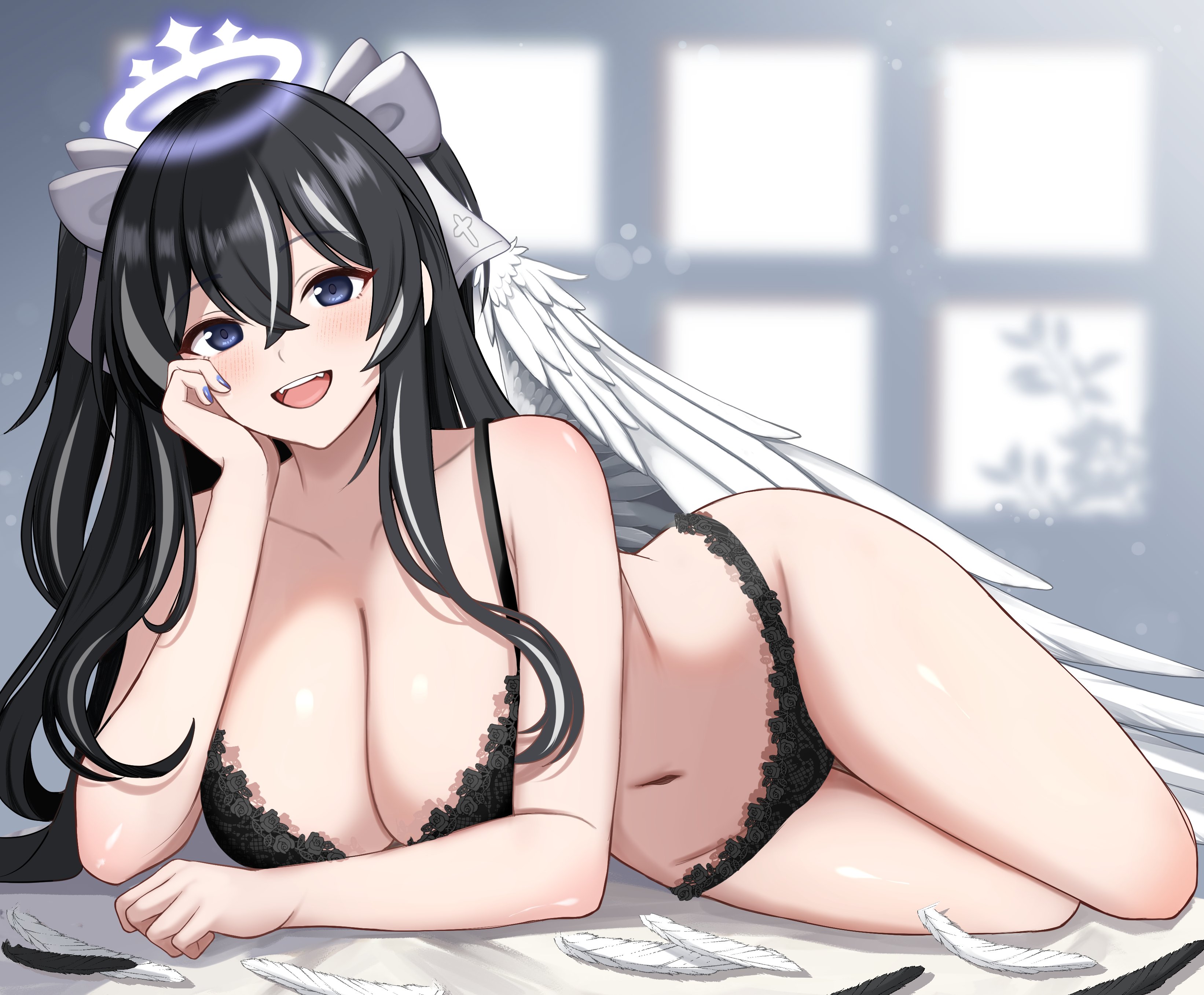 surippa1010, yamigafuchi kaine, indie virtual youtuber, absurdres, highres, 1girl, bare shoulders, black bra, black hair, blue eyes, bow, bra, breasts, cleavage, feathered wings, hair between eyes, hair bow, halo, head rest, lace trim, large breasts, lingerie, long hair, looking at viewer, lying, multicolored hair, nail polish, navel, on side, open mouth, smile, solo, stomach, streaked hair, thighs, two side up, underwear, virtual youtuber, wings