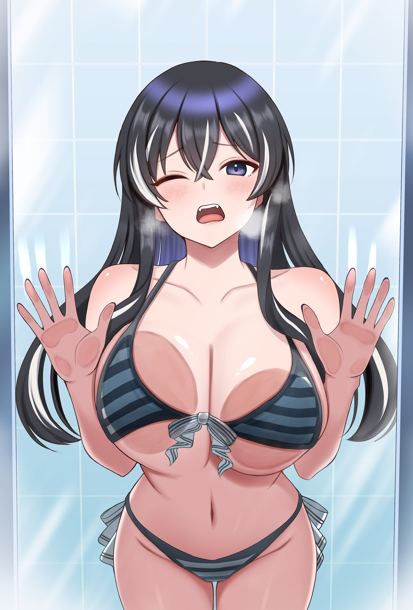 surippa1010, yamigafuchi kaine, indie virtual youtuber, highres, second-party source, 1girl, against glass, bare shoulders, bikini, black bikini, black hair, blue eyes, breasts, cleavage, collarbone, cowboy shot, fangs, front-tie bikini top, front-tie top, hair between eyes, heavy breathing, large breasts, long hair, looking at viewer, multicolored hair, navel, one eye closed, open mouth, side-tie bikini bottom, solo, stomach, streaked hair, striped bikini, striped clothes, swimsuit, virtual youtuber