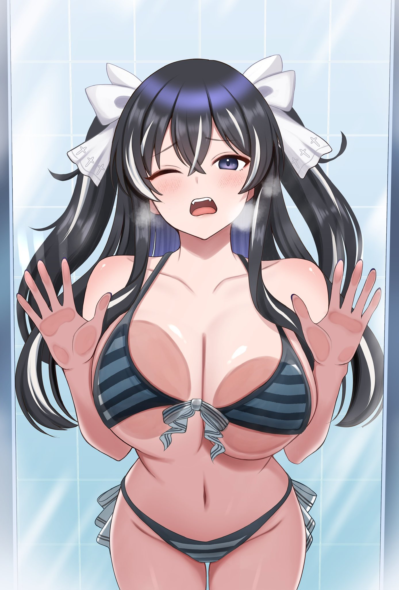 surippa1010, yamigafuchi kaine, indie virtual youtuber, highres, second-party source, 1girl, against glass, bare shoulders, bikini, black bikini, black hair, blue eyes, bow, breasts, cleavage, collarbone, cowboy shot, fangs, front-tie bikini top, front-tie top, hair between eyes, hair bow, heavy breathing, large breasts, long hair, looking at viewer, multicolored hair, navel, one eye closed, open mouth, side-tie bikini bottom, solo, stomach, streaked hair, striped bikini, striped clothes, swimsuit, two side up, virtual youtuber