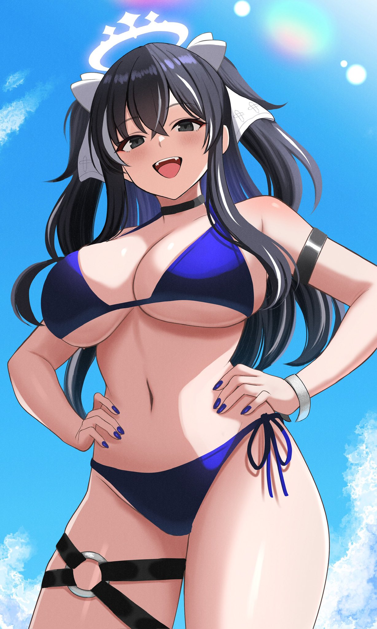 surippa1010, yamigafuchi kaine, indie virtual youtuber, highres, second-party source, 1girl, arm strap, bare shoulders, bikini, black choker, black eyes, black hair, blue bikini, blue nails, bow, breasts, choker, cleavage, cowboy shot, day, fangs, hair bow, halo, halterneck, hands on own hips, large breasts, lens flare, long hair, looking at viewer, multicolored hair, nail polish, navel, open mouth, outdoors, side-tie bikini bottom, smile, solo, stomach, streaked hair, string bikini, swimsuit, thigh strap, thighs, two side up, virtual youtuber