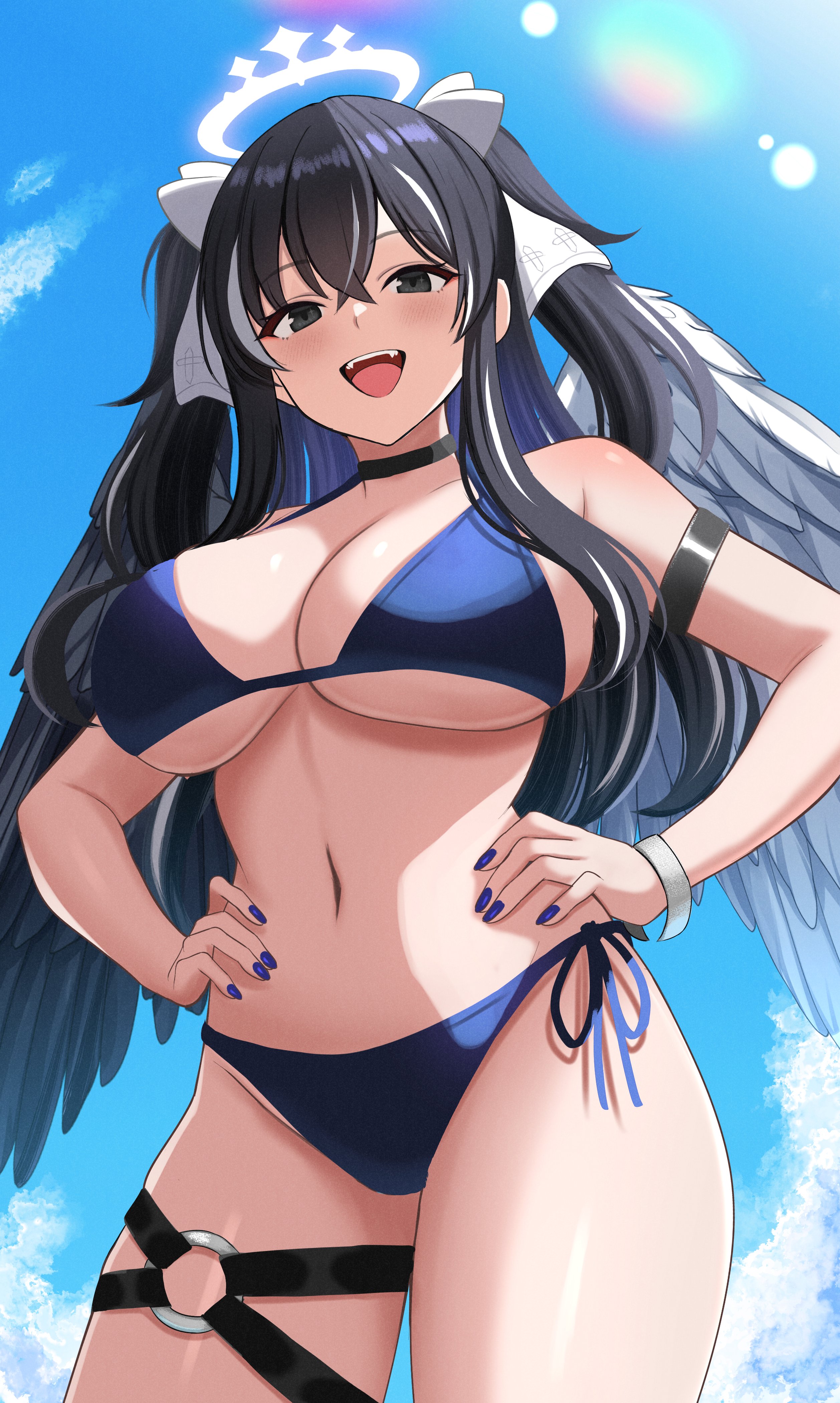 surippa1010, yamigafuchi kaine, indie virtual youtuber, absurdres, highres, 1girl, arm strap, bare shoulders, bikini, black choker, black eyes, black hair, blue bikini, blue nails, bow, breasts, choker, cleavage, cowboy shot, day, fangs, feathered wings, hair bow, halo, halterneck, hands on own hips, large breasts, lens flare, long hair, looking at viewer, multicolored hair, nail polish, navel, open mouth, outdoors, side-tie bikini bottom, smile, solo, stomach, streaked hair, string bikini, swimsuit, thigh strap, thighs, two-tone wings, two side up, virtual youtuber, wings