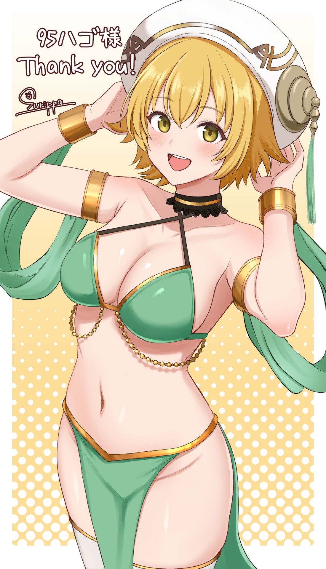 surippa1010, atoli (.hack//), .hack//, .hack//g.u., highres, 1girl, armlet, bare shoulders, bikini, bikini top only, blonde hair, bracelet, breasts, cleavage, cowboy shot, criss-cross halter, gold choker, gold trim, green bikini, green eyes, halterneck, hands up, hat, jewelry, looking at viewer, medium breasts, navel, no panties, open mouth, pelvic curtain, shawl, short hair, smile, solo, standing, stomach, string bikini, swimsuit, thighhighs, thighs, white hat, white thighhighs