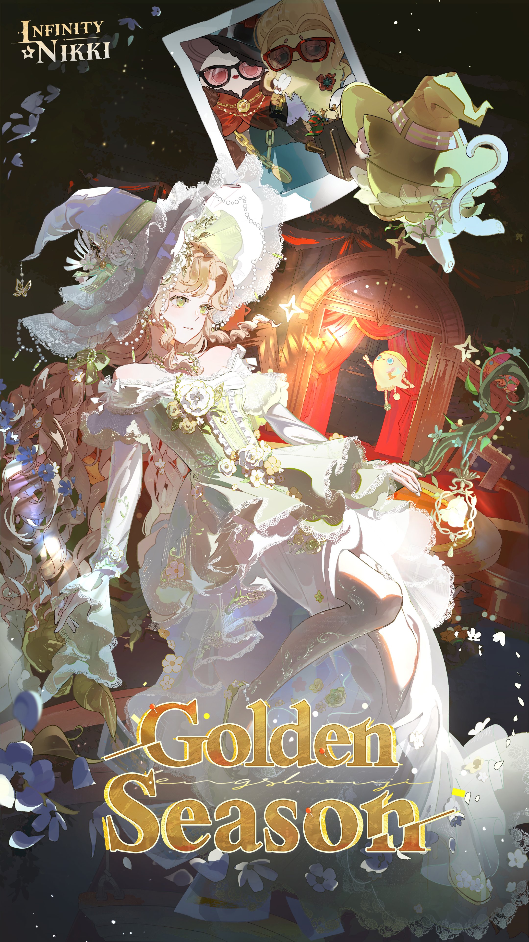 momo (nikki), nikki (nikki), infinity nikki, nikki (series), absurdres, artist request, commentary, english commentary, highres, official art, second-party source, 1girl, animal, bare legs, bare shoulders, beads, brooch, broom, broom riding, brown hair, camera, cat, cloak, closed mouth, clothed animal, copyright logo, curtains, debris, dress, dress flower, english text, eyelashes, flower, flower brooch, frilled headwear, frilled sleeves, frills, from behind, full body, glowing, golden tango julie (infinity nikki), green cloak, green dress, green eyes, green shoes, hair beads, hair ornament, happy, hat, hat flower, holding, holding camera, hood, hood up, hooded cloak, jewelry, lantern, layered sleeves, leg tattoo, liora (infinity nikki), logo, long dress, long hair, long sleeves, looking ahead, night, off-shoulder dress, off shoulder, outdoors, parted bangs, photo (object), piecey, plant, rainfall & blossoms (infinity nikki), shoes, short over long sleeves, short sleeves, sitting, sleeves past wrists, smile, sparkle, tattoo, title, two-tone dress, very long hair, vines, wavy hair, white cat, white dress, white flower, white hat, witch, witch hat