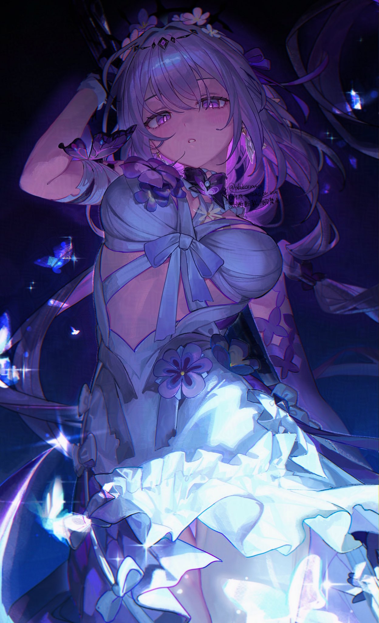 pkokonatu, castorice (honkai: star rail), honkai: star rail, honkai (series), commentary, highres, 1girl, animal print, black tiara, breasts, bug, butterfly, butterfly print, cowboy shot, dress, earrings, elbow gloves, flower, frills, gloves, hair between eyes, hair flower, hair ornament, insect, jewelry, large breasts, long hair, looking at viewer, midriff, purple eyes, purple hair, ribbon, sparkle, thighs, tiara, very long hair, white dress