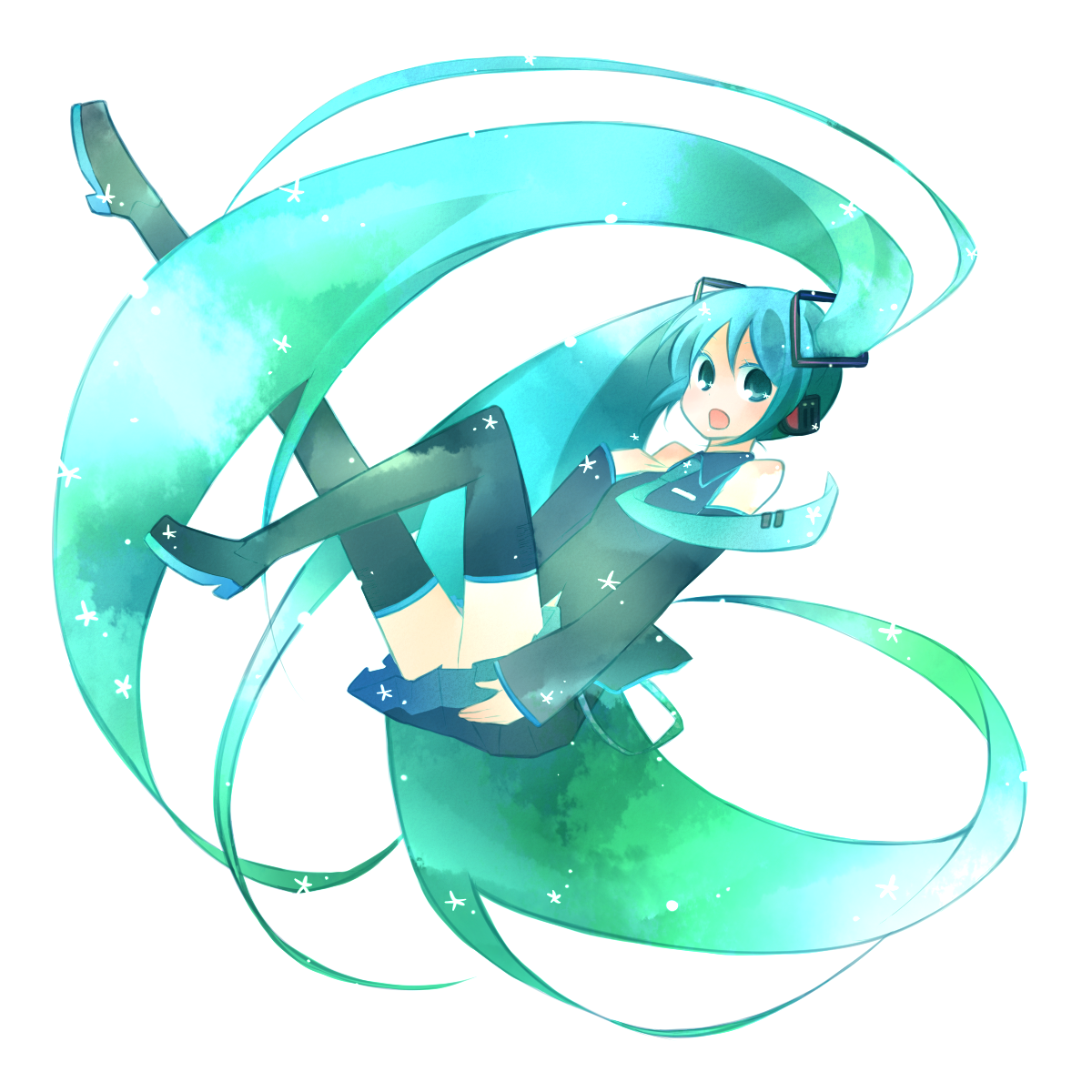 kinokosuke, hatsune miku, vocaloid, highres, aqua eyes, detached sleeves, long hair, multicolored hair, necktie, skirt, solo, thighhighs, twintails