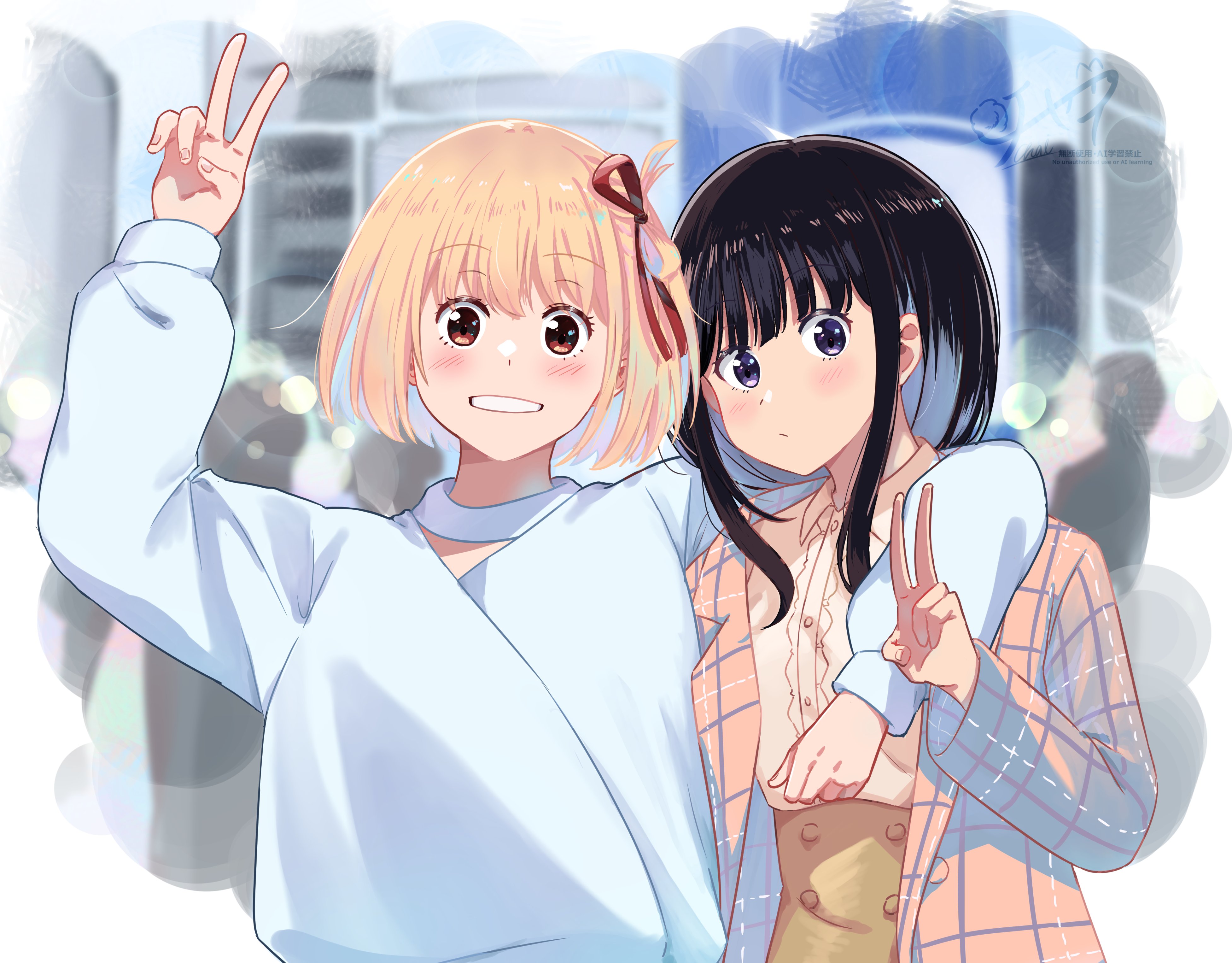chai haru, inoue takina, nishikigi chisato, lycoris recoil, absurdres, commentary, highres, symbol-only commentary, 2girls, arm around neck, black hair, blonde hair, blush, brown shirt, center frills, closed mouth, frills, hair ribbon, long hair, long sleeves, multiple girls, one eye closed, purple eyes, red eyes, red ribbon, ribbon, shirt, short hair, sweater, v, white sweater