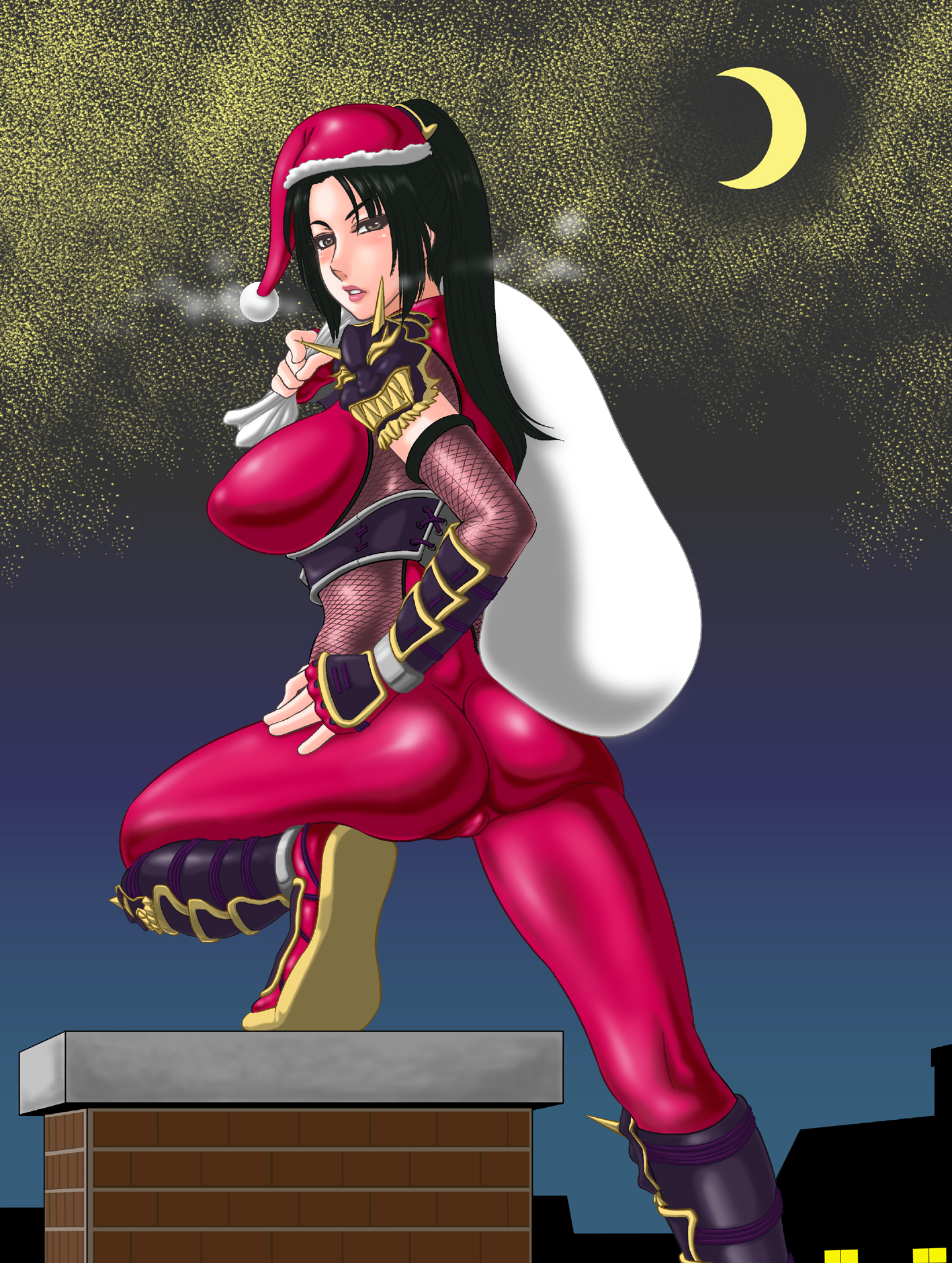 kiku, kikumizu shouichi, taki (soulcalibur), soul calibur, soulcalibur, soulcalibur iv, highres, 1girl, ass, bag, black hair, breasts, breath, chimney, christmas, female focus, hat, moon, outdoors, ponytail, santa hat, sky, solo