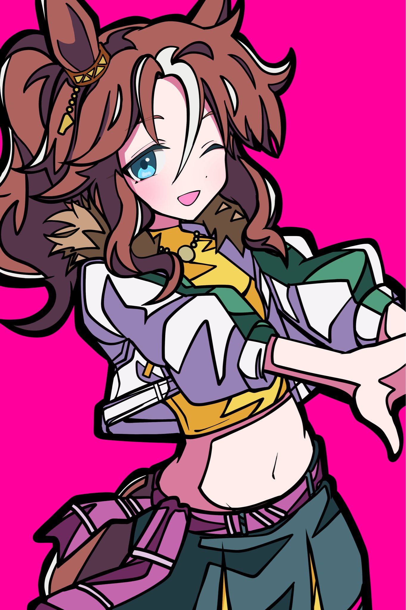 kikkasoon, mejiro palmer (line breakthrough) (umamusume), mejiro palmer (umamusume), umamusume, highres, 1girl, animal ears, blue eyes, brown hair, green skirt, horse ears, horse girl, horse tail, jacket, jewelry, looking at viewer, midriff, navel, necklace, one eye closed, outstretched arms, parted bangs, ponytail, purple background, purple sash, sash, shirt, simple background, skirt, smile, tail, white jacket, yellow shirt