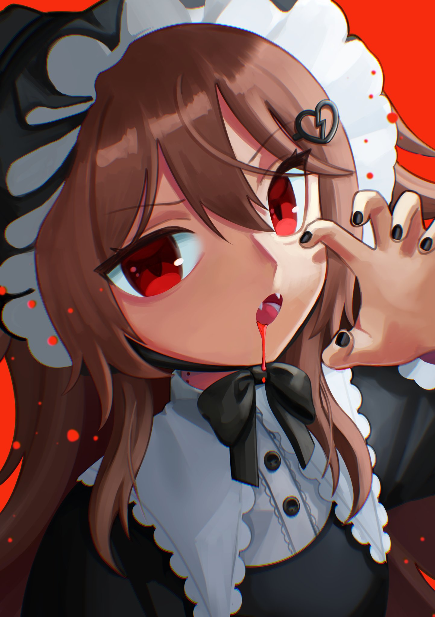 evil neuro-sama, neuro-sama, commentary, english commentary, highres, 1girl, black bow, black bowtie, black dress, black hat, black nails, blood, blood from mouth, bow, bowtie, broken heart, broken heart hair ornament, brown hair, center frills, dress, fangs, frilled shirt collar, frills, from side, gardeneellove, hair between eyes, hat, heart, long hair, long sleeves, looking at viewer, nail polish, open mouth, red background, red eyes, simple background, solo, upper body, vedal ai, virtual youtuber