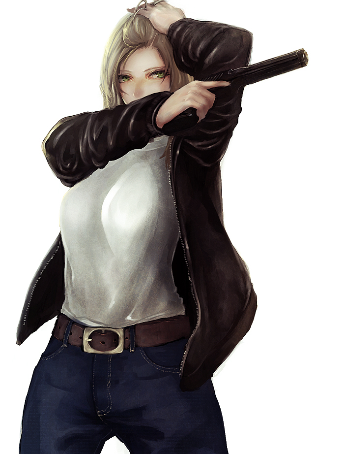 asanuma, aya brea, parasite eve (series), parasite eve i, bad id, bad pixiv id, 1girl, belt, blonde hair, blue eyes, denim, female focus, green eyes, gun, handgun, jacket, jeans, long hair, pants, pistol, shirt, solo, weapon, white shirt