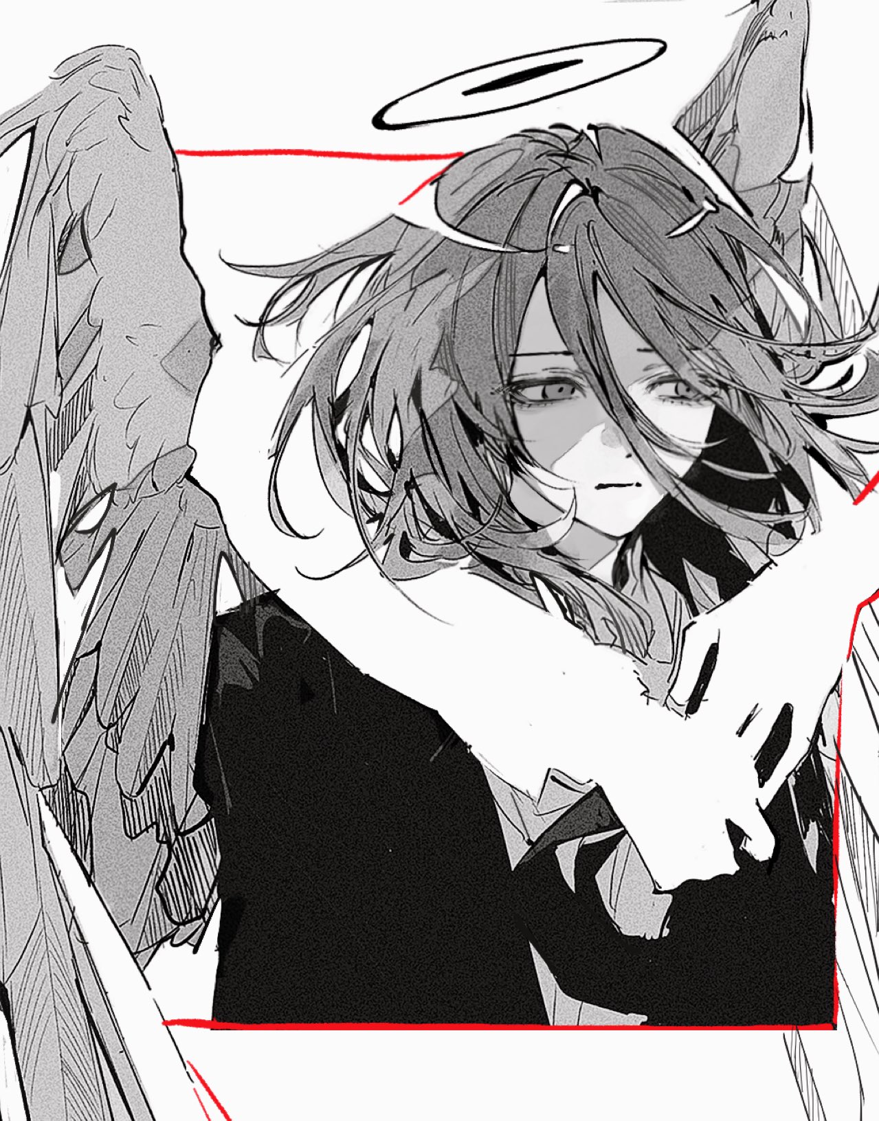 angel devil (chainsaw man), chainsaw man, highres, 1boy, :|, androgynous, angel, arms around neck, closed mouth, cropped torso, expressionless, feathered wings, floating hair, greyscale, halo, j206duj84, jacket, looking to the side, male focus, medium hair, monochrome, necktie, open clothes, open jacket, sideways glance, spot color, suit jacket, wings
