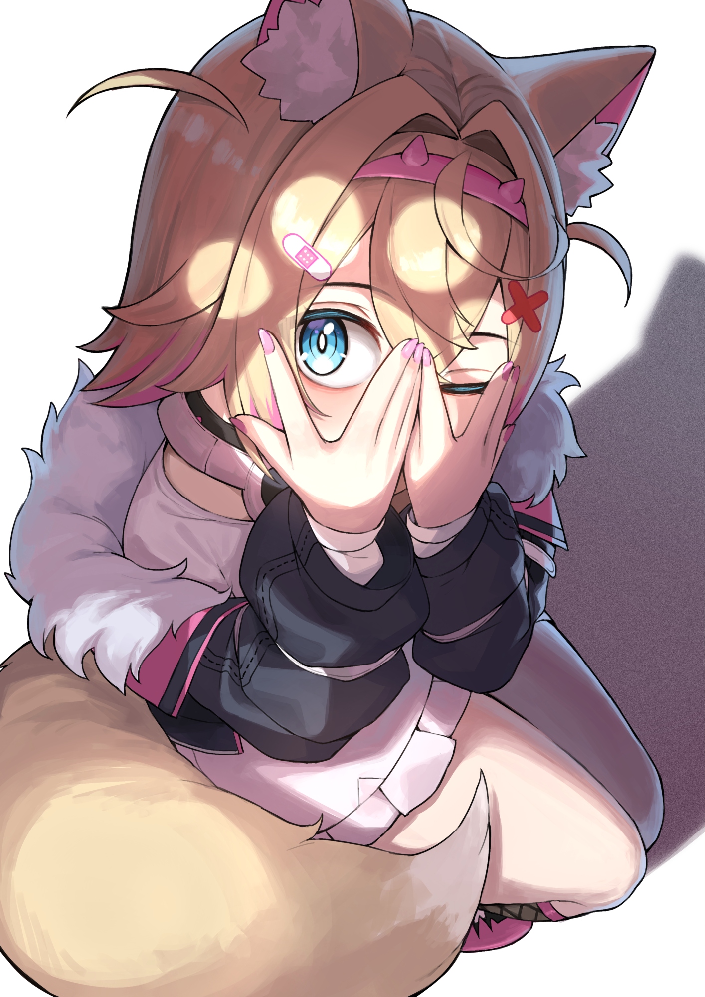 mococo abyssgard, hololive, hololive english, commentary, highres, 1girl, animal ears, black jacket, blonde hair, blue eyes, collar, dog ears, dog tail, fur-trimmed jacket, fur trim, hair intakes, hands on own face, jacket, one eye closed, paw print, peeking through fingers, pink nails, shadow, solo, tail, tomahhhto, virtual youtuber