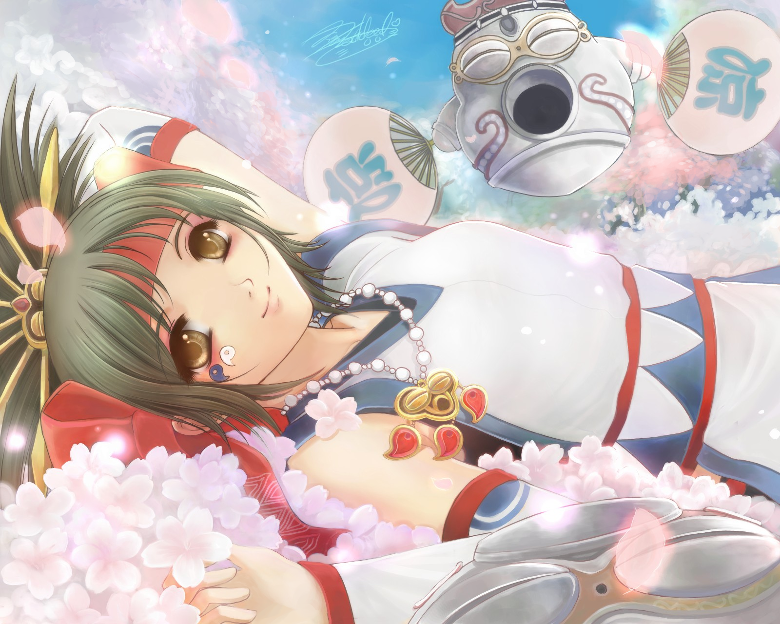 tildeed, himiko (musou orochi), musou orochi, musou orochi 2, highres, 1girl, beads, black hair, day, detached sleeves, facial mark, female focus, flat chest, flower, glowing, hair ornament, hand fan, headband, high ponytail, japanese clothes, jewelry, long hair, lying, magatama, necklace, on back, outdoors, paper fan, pendant, petals, ponytail, signature, sky, smile, solo, spiked hair, uchiwa, yellow eyes