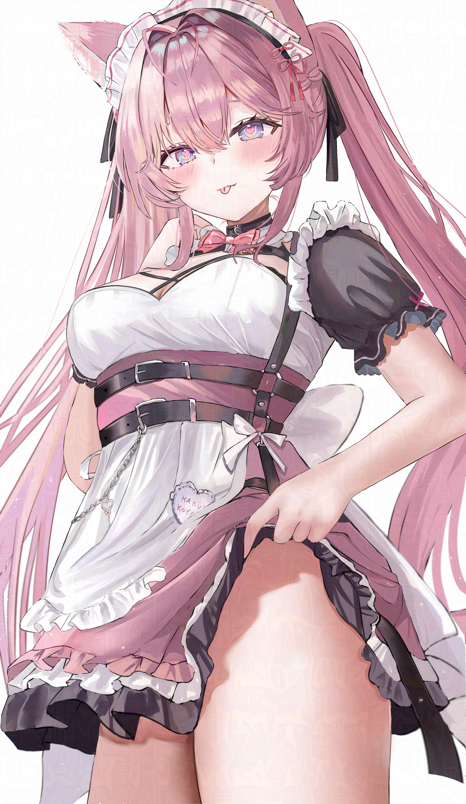 nibosi, hakui koyori, hololive, absurdres, commentary request, highres, 1girl, animal ears, antenna hair, apron, belt, black belt, black ribbon, blush, bow, bowtie, braid, breasts, clothes lift, dress, dress lift, gradient eyes, hair between eyes, hair intakes, hair ribbon, heart, heart in eye, large breasts, long hair, looking at viewer, maid, maid headdress, multicolored eyes, o-ring, pink bow, pink bowtie, pink dress, pink hair, purple eyes, ribbon, short sleeves, simple background, smile, solo, symbol in eye, thighs, tongue, tongue out, twintails, twitter username, underbust, virtual youtuber, white apron, white background, white dress, wolf ears, wolf girl