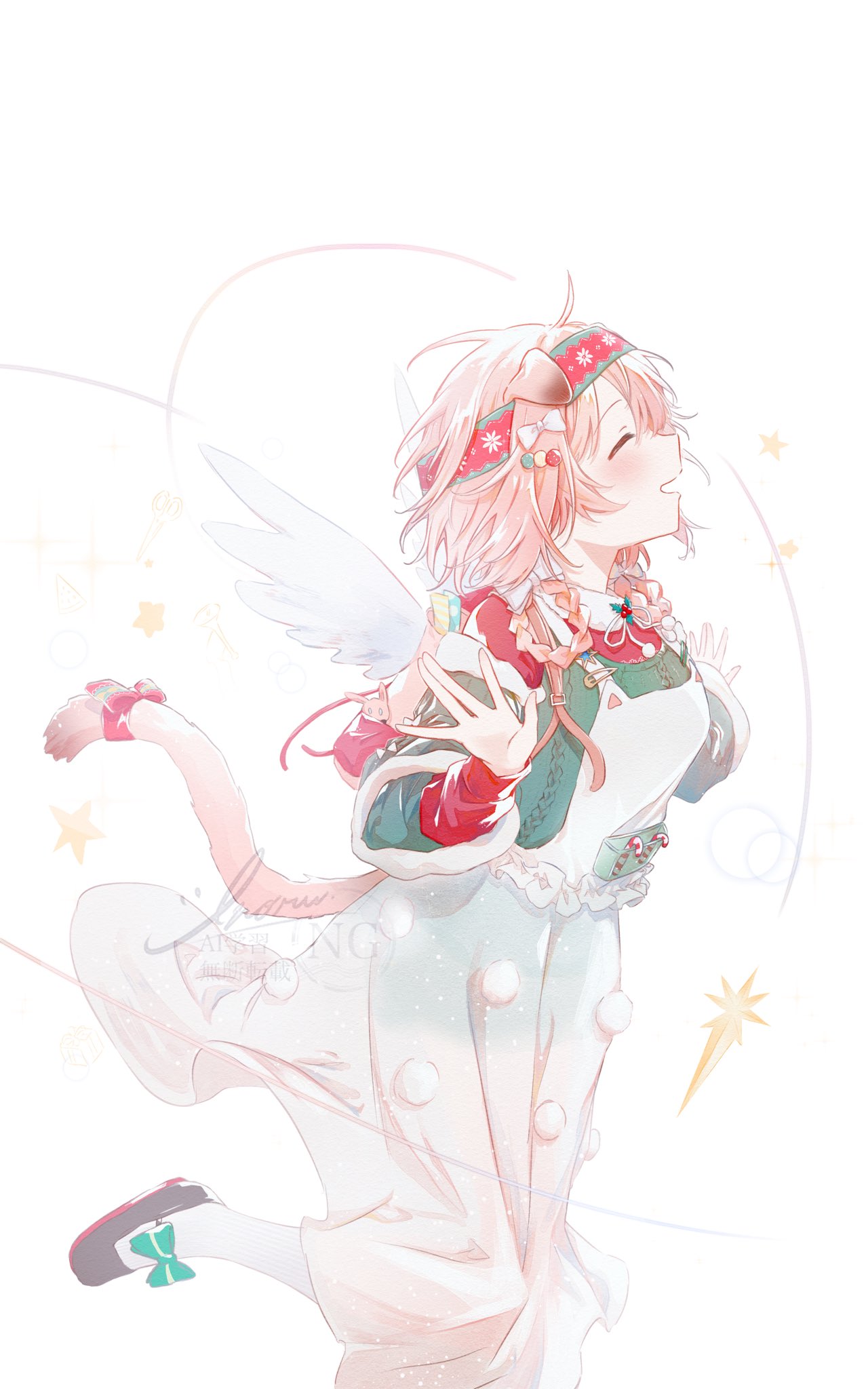 inoru, goldenglow (arknights), goldenglow (maiden for the bright night) (arknights), arknights, commentary request, highres, ||/, ^ ^, ahoge, bow, breasts, candy, candy cane, cat girl, cat tail, closed eyes, closed mouth, dress, floppy ears, food, foot out of frame, footwear bow, green sweater, grey shoes, hair bow, hair ornament, hair rings, hairband, hairclip, happy, heart, loafers, long dress, medium breasts, medium hair, open mouth, pinafore dress, pink hair, pink tail, pom pom (clothes), profile, red bow, red hairband, red shirt, shirt, shoes, simple background, sleeveless, sleeveless dress, socks, sparkle, standing, standing on one leg, star (symbol), sweater, tail, tail bow, tail ornament, white background, white bow, white dress, white socks, wings