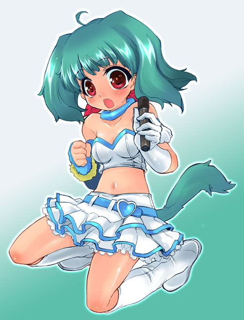 takao ukyou, takaoukyo, ranka lee, macross, macross frontier, 00s, belt, blue hair, bustier, lingerie, microphone, midriff, open mouth, short hair, skirt, solo, tail, underwear
