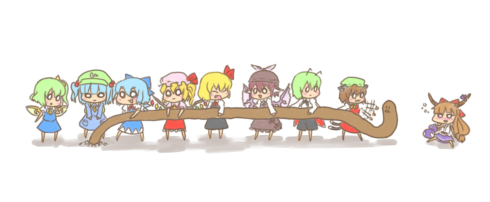 hima (mizu ni tsuyoi), himajin tohakagiranai, chen, cirno, daiyousei, diglett, flandre scarlet, ibuki suika, kawashiro nitori, mystia lorelei, rumia, wriggle nightbug, nintendo, pokemon, touhou, bad id, bad pixiv id, highres, 6+girls, :3, animal ears, antennae, ascot, barefoot, blonde hair, blue hair, blush stickers, bow, brown hair, cape, cat ears, cat tail, closed eyes, crossover, dress, drunk, fairy wings, fang, gem, gen 1 pokemon, green hair, hair bobbles, hair bow, hair ornament, hat, hat bow, horn ornament, horn ribbon, horns, ice, key, long hair, multiple girls, multiple tails, o o, open mouth, pokemon (creature), red hair, ribbon, shadow, short hair, side ponytail, simple background, sitting, tail, team 9 (touhou), twintails, two side up, wings
